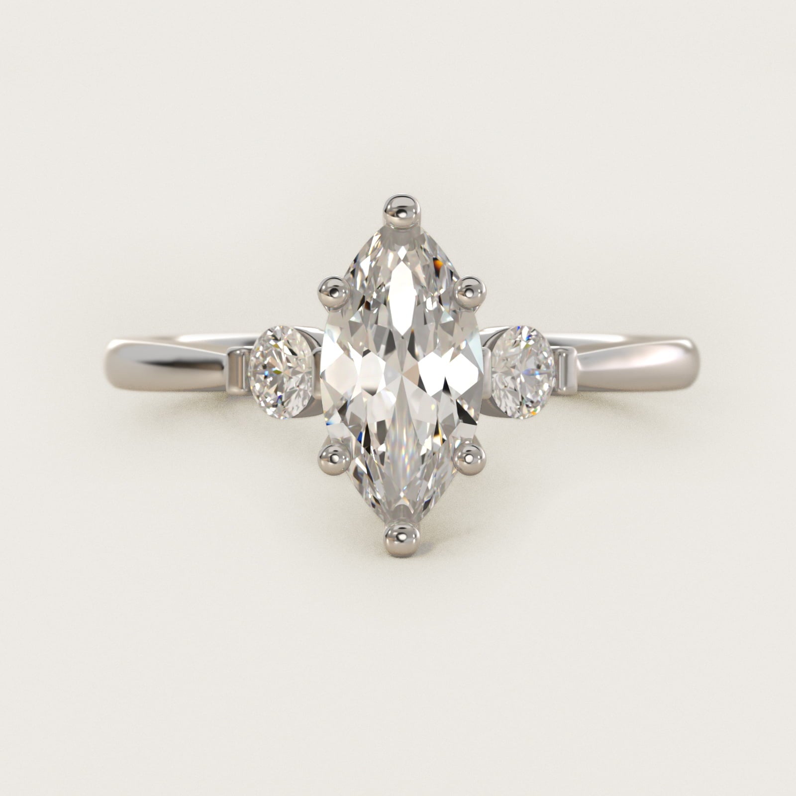 Petite Three-Stone Diamond Engagement Ring in 18k White Gold - Marquise Center
