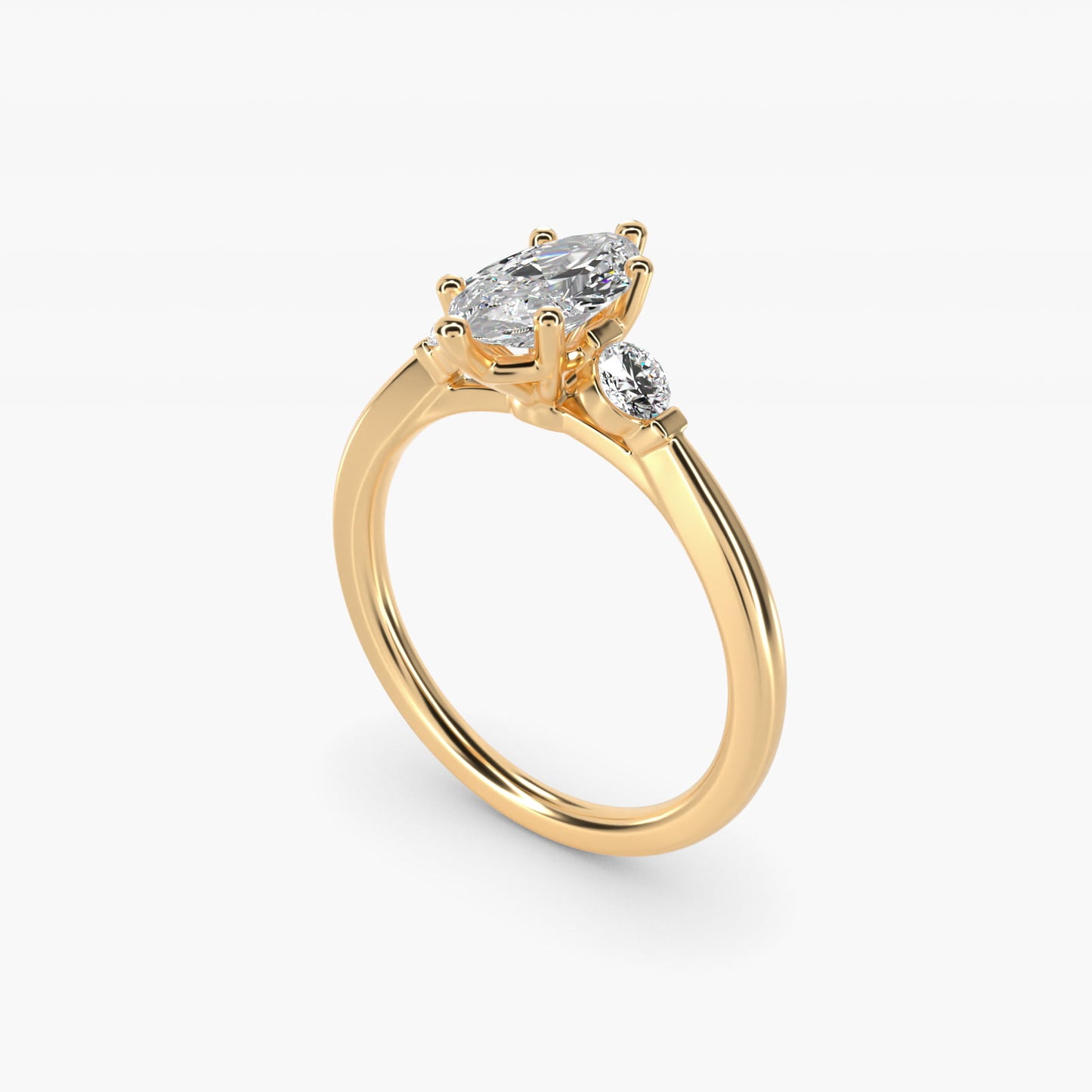 Petite Three-Stone Diamond Engagement Ring in 14k Yellow Gold - Marquise Center