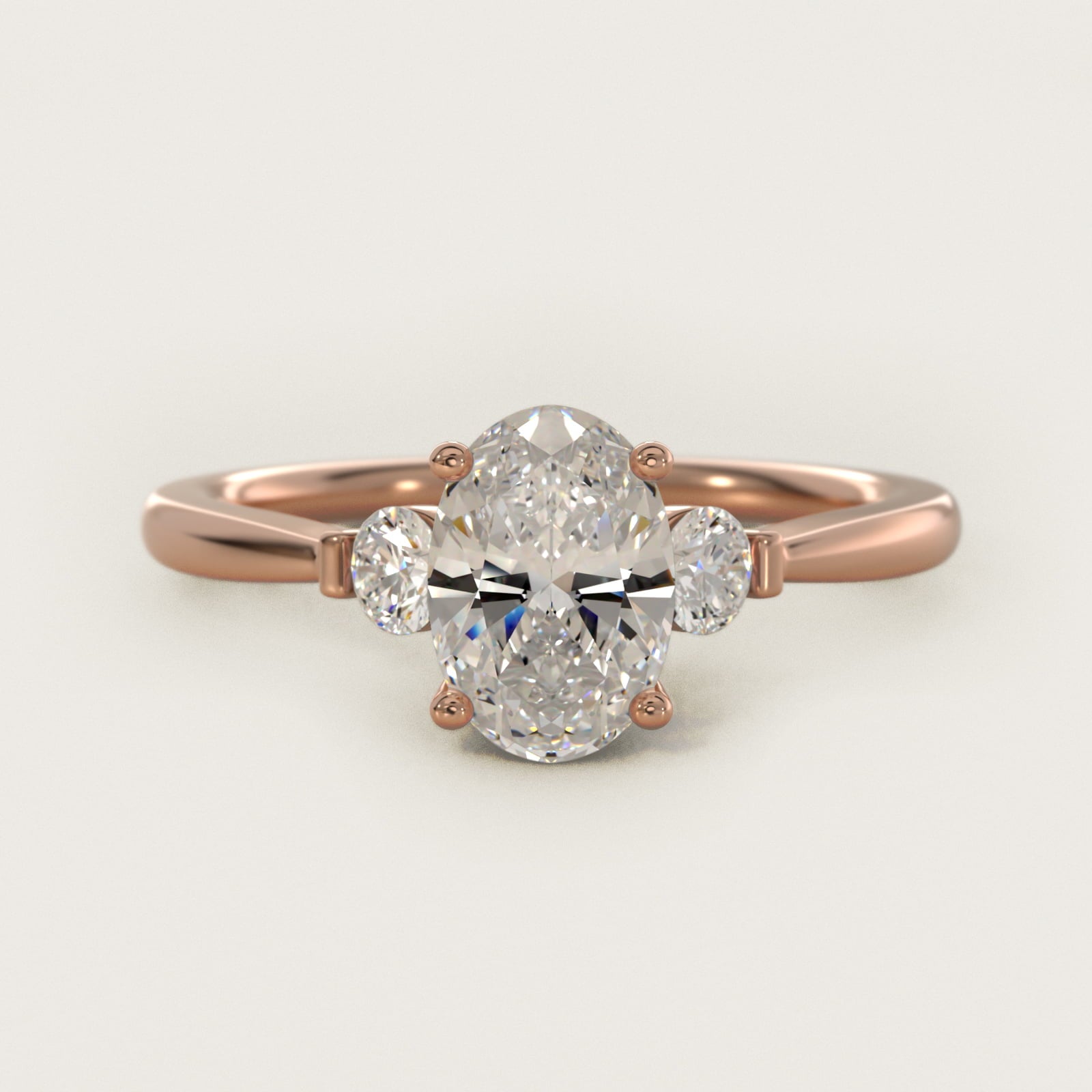 Petite Three-Stone Diamond Engagement Ring in 14k Rose Gold - Oval Center