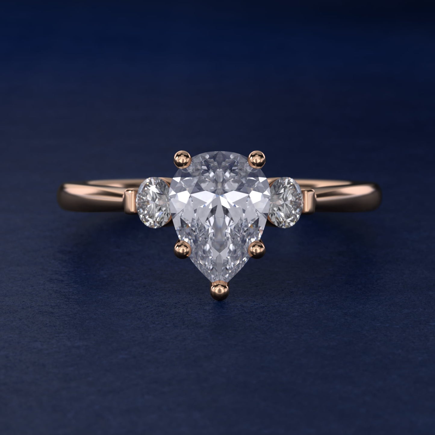 Petite Three-Stone Diamond Engagement Ring in 18k Rose Gold - Pear Center
