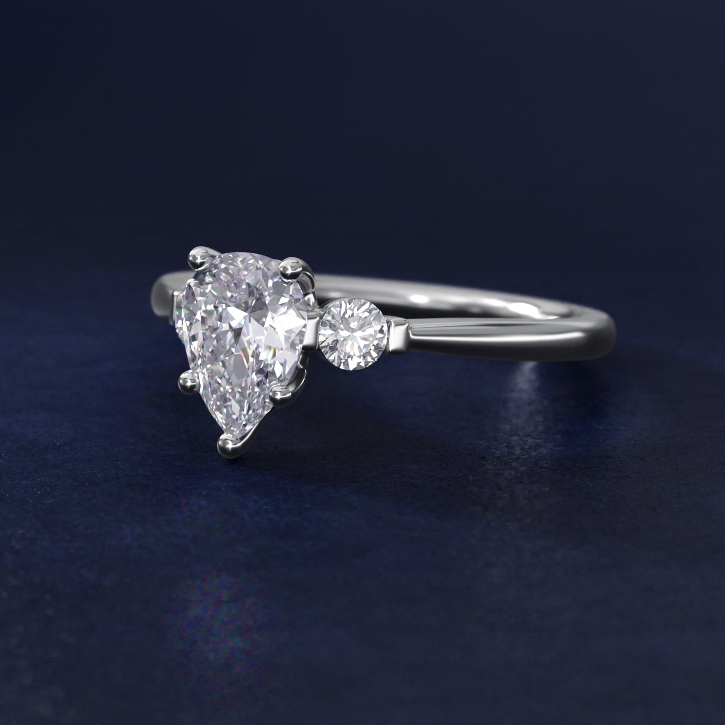 Petite Three-Stone Diamond Engagement Ring in 14k White Gold - Pear Center