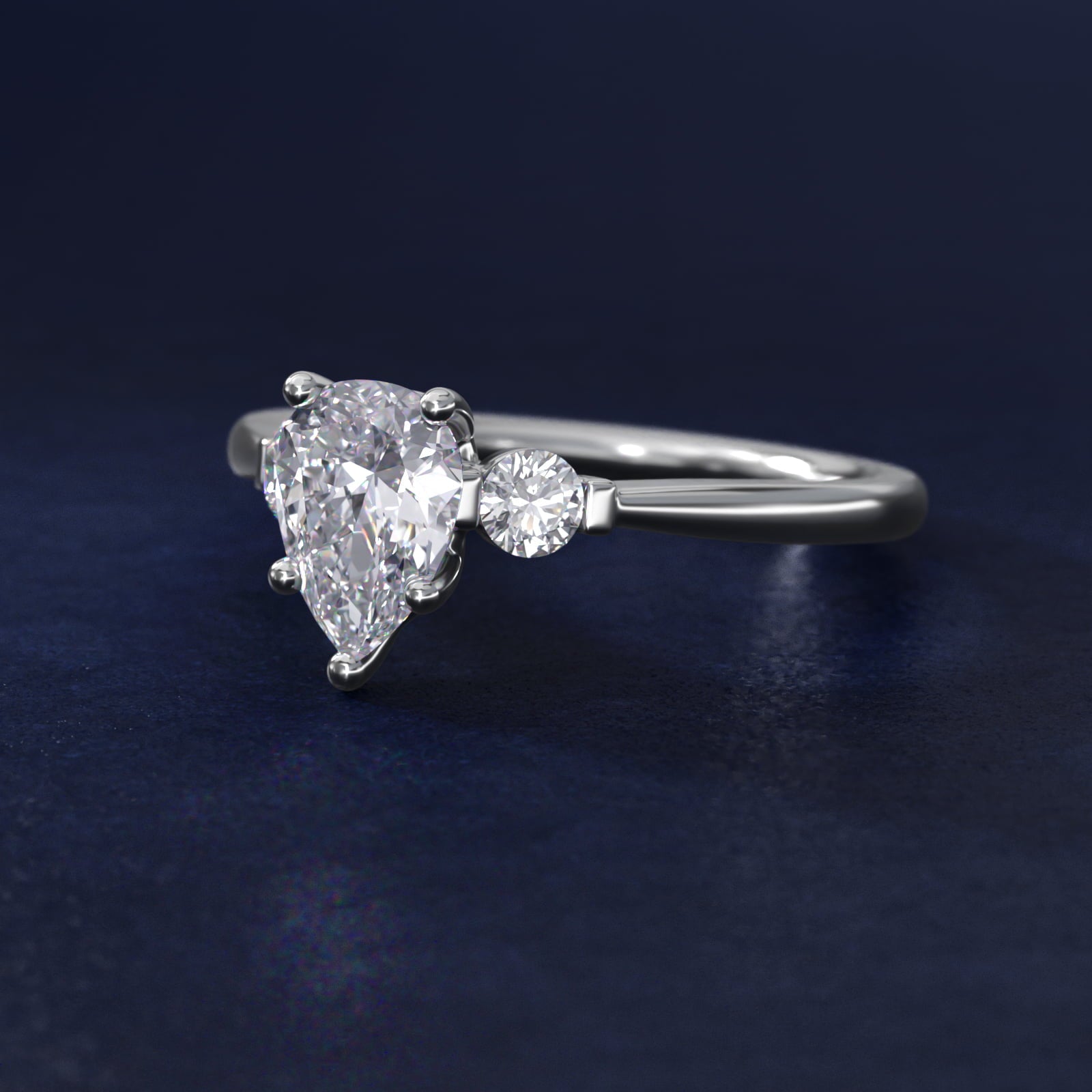 Petite Three-Stone Diamond Engagement Ring in 14k White Gold - Pear Center