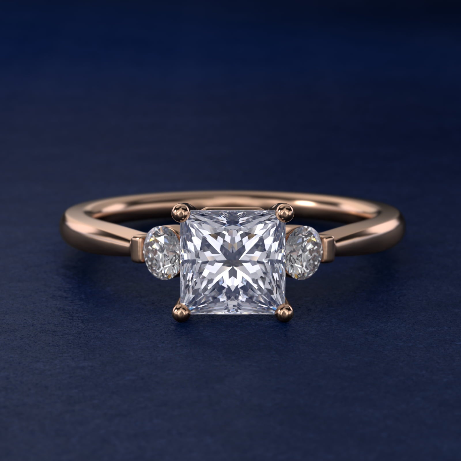 Petite Three-Stone Diamond Engagement Ring in 18k Rose Gold - Princess Center