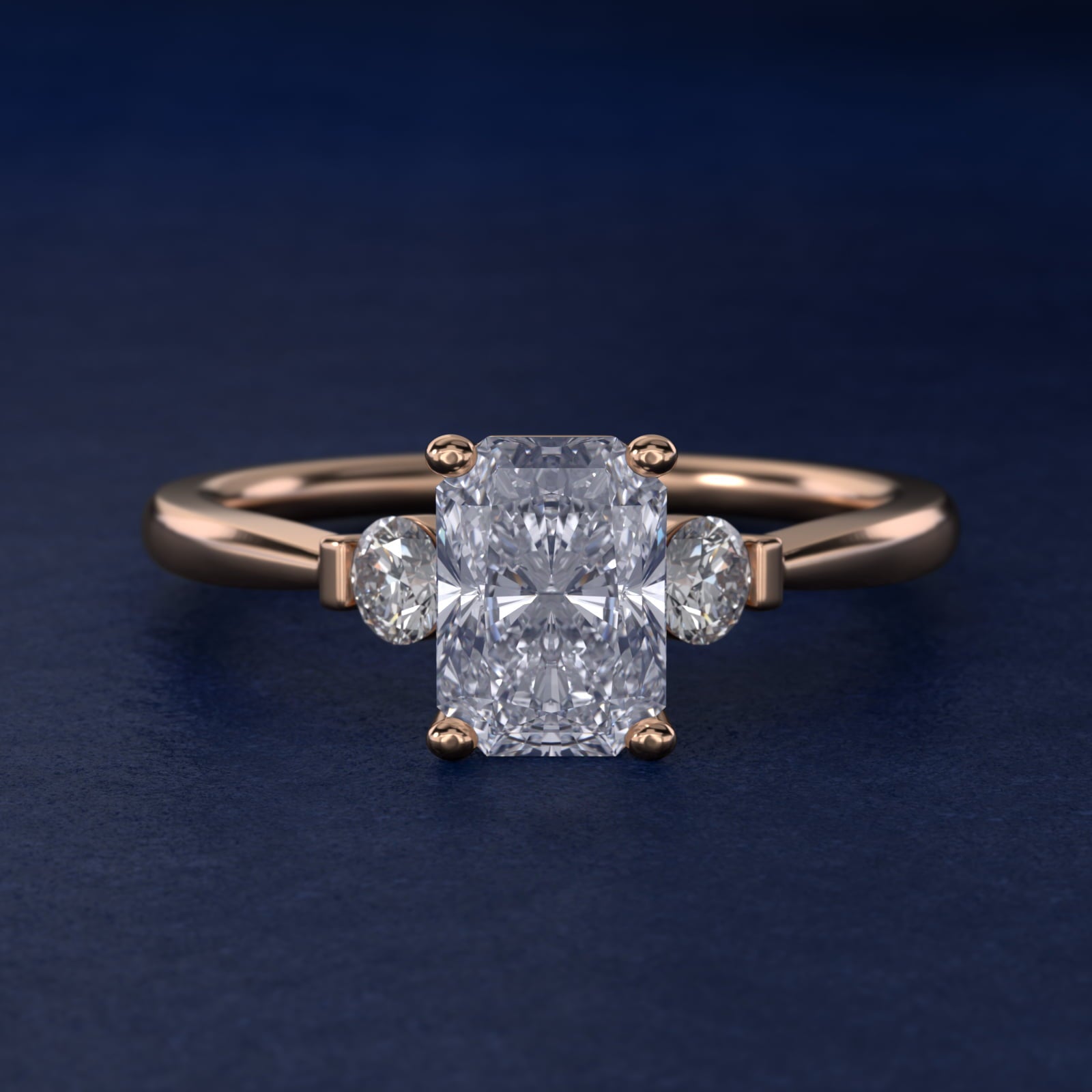 Petite Three-Stone Diamond Engagement Ring in 14k Rose Gold - Radiant Center