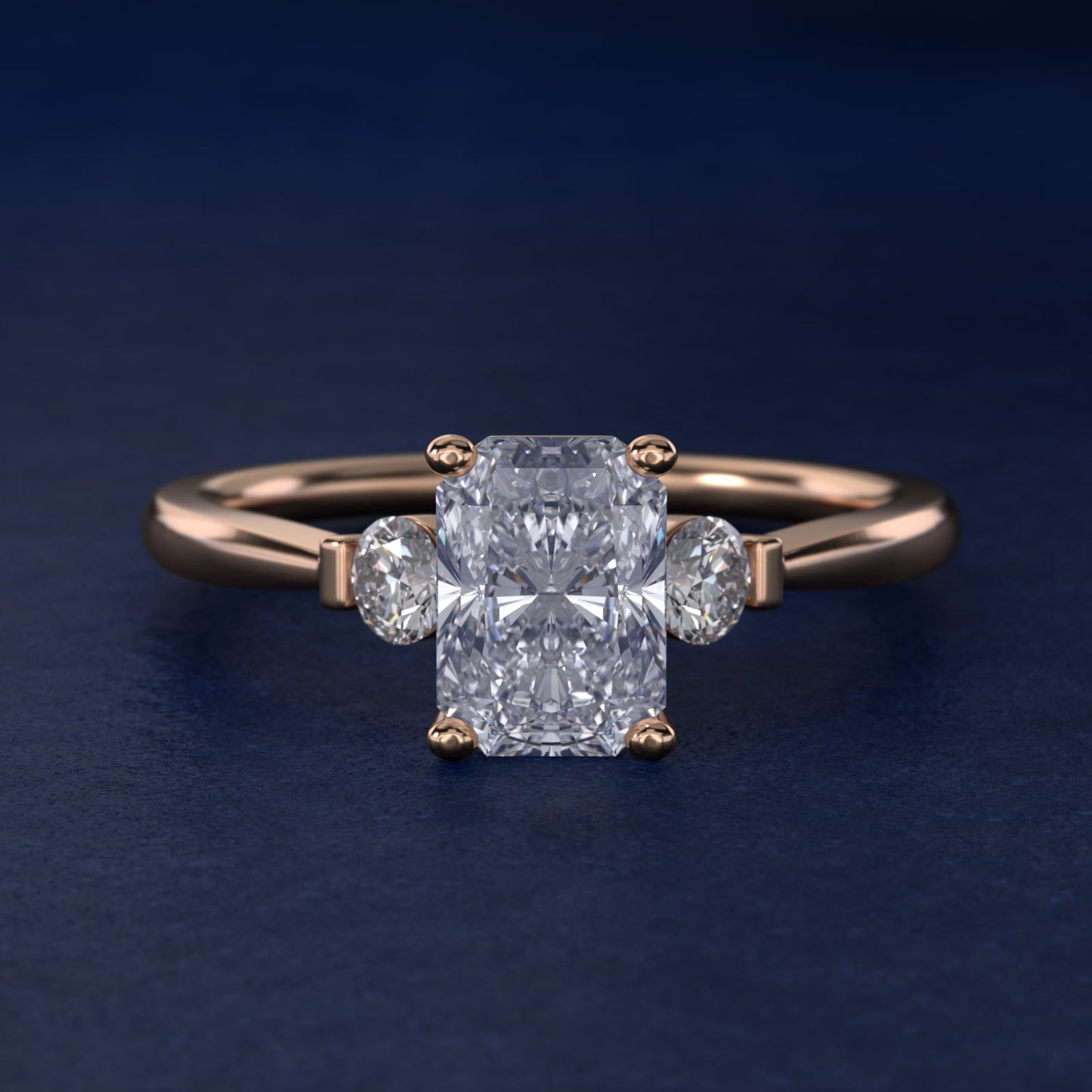 Petite Three-Stone Diamond Engagement Ring in 18k Rose Gold - Radiant Center