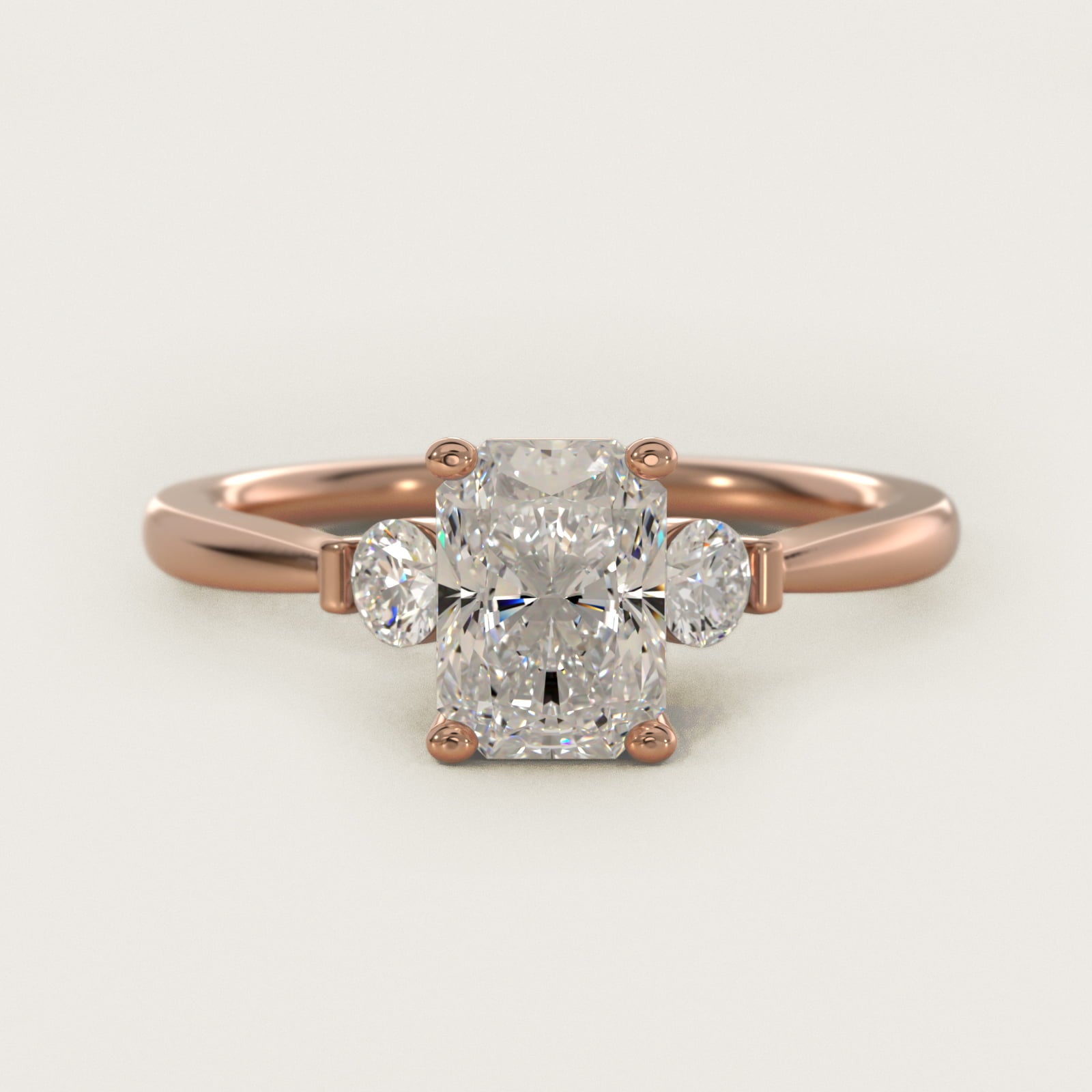 Petite Three-Stone Diamond Engagement Ring in 14k Rose Gold - Radiant Center