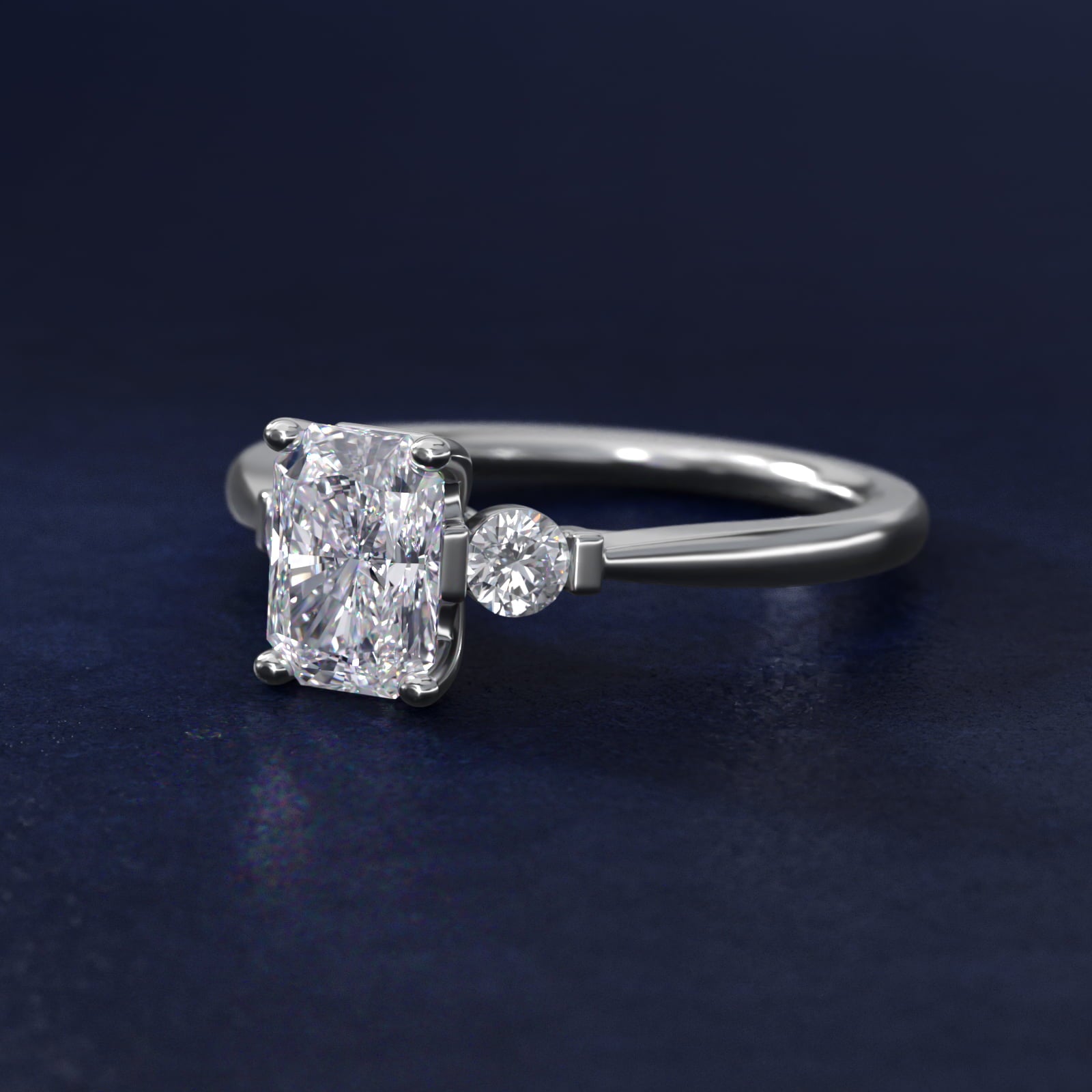 Petite Three-Stone Diamond Engagement Ring in 18k White Gold - Radiant Center