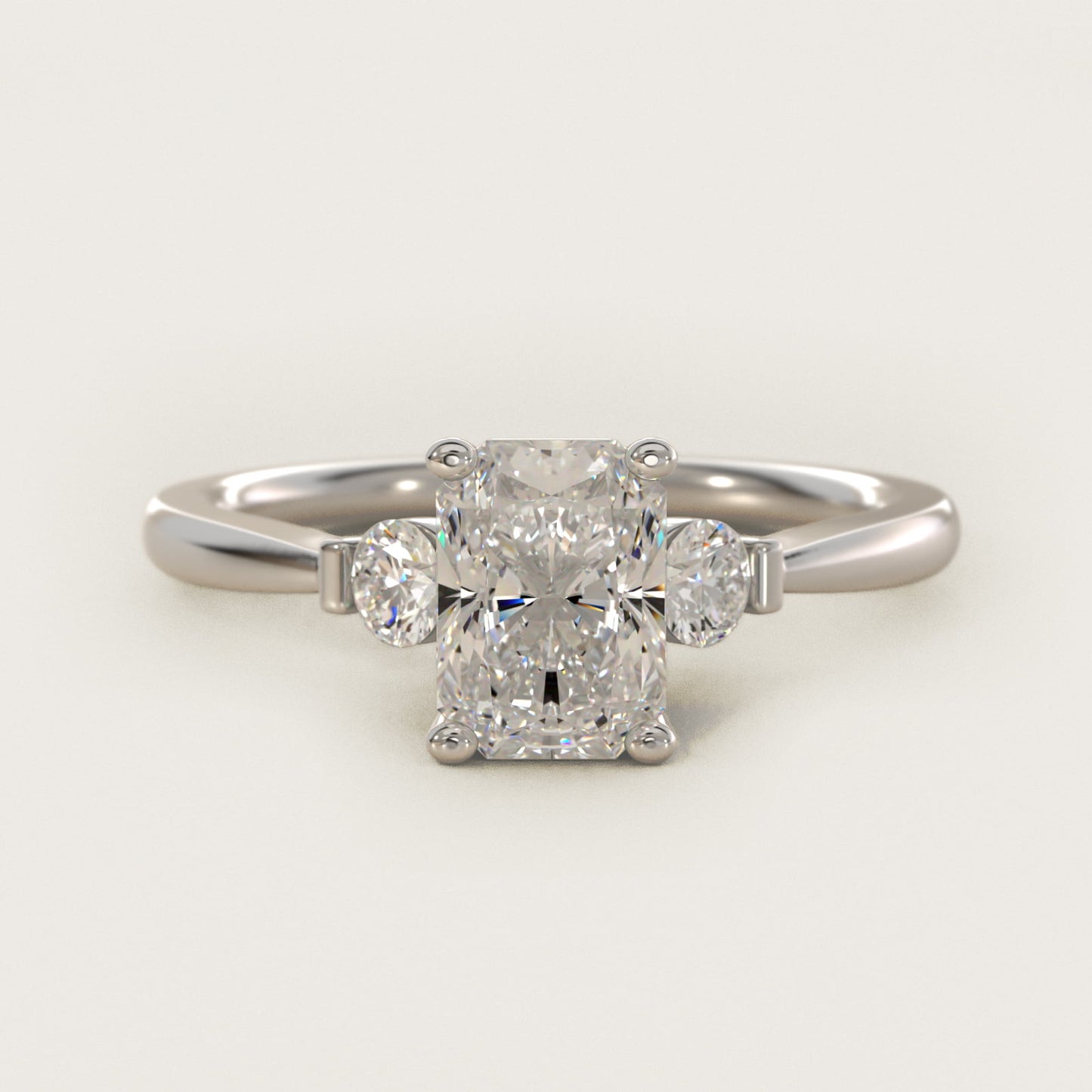 Petite Three-Stone Diamond Engagement Ring in 18k White Gold - Radiant Center