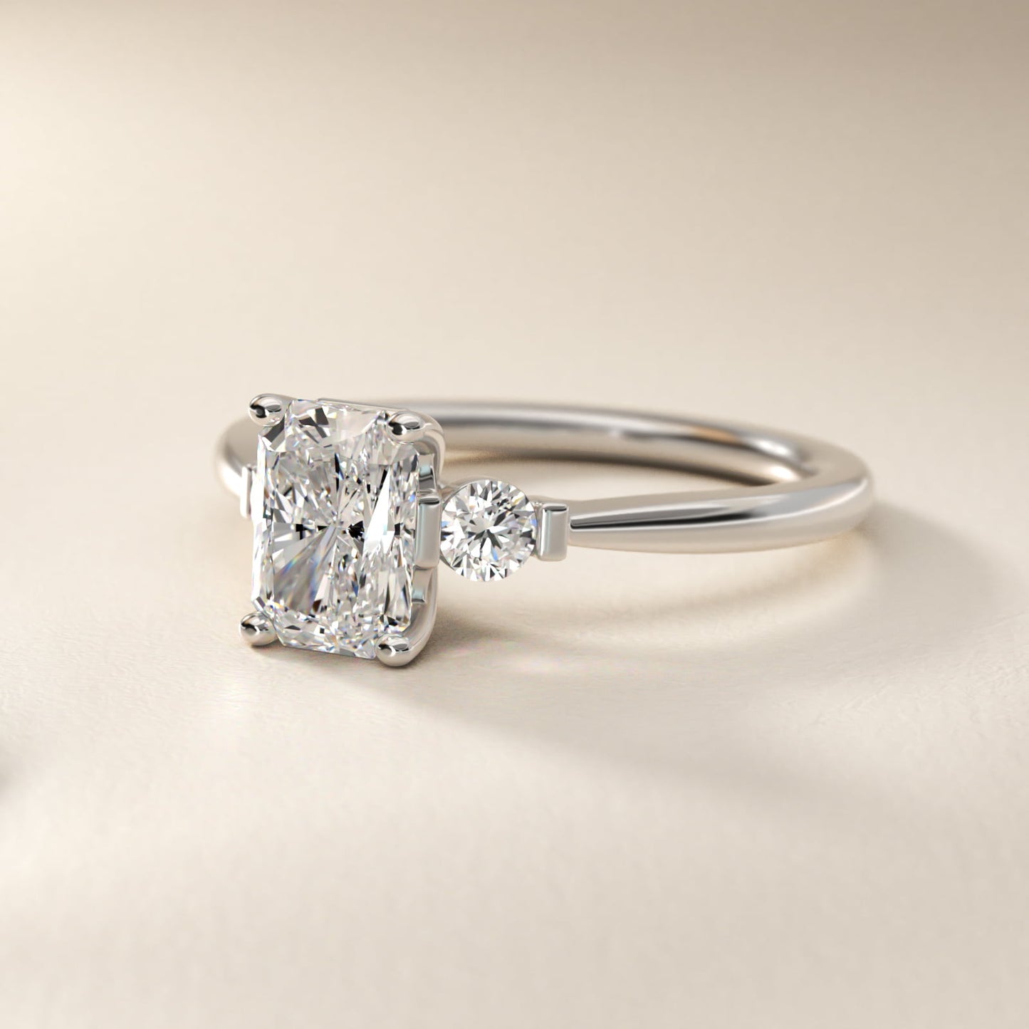 Petite Three-Stone Diamond Engagement Ring in Platinum - Radiant Center