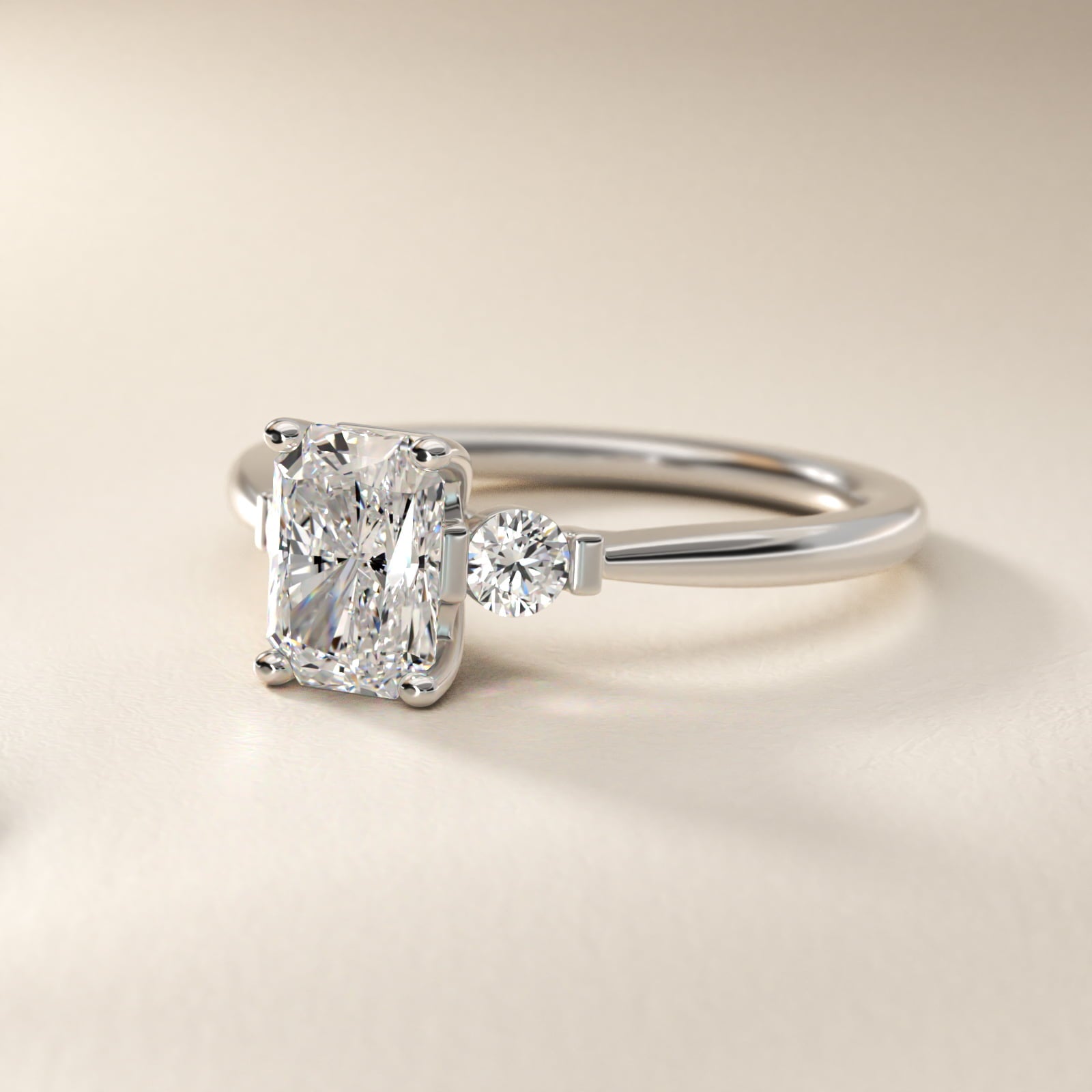Petite Three-Stone Diamond Engagement Ring in Platinum - Radiant Center