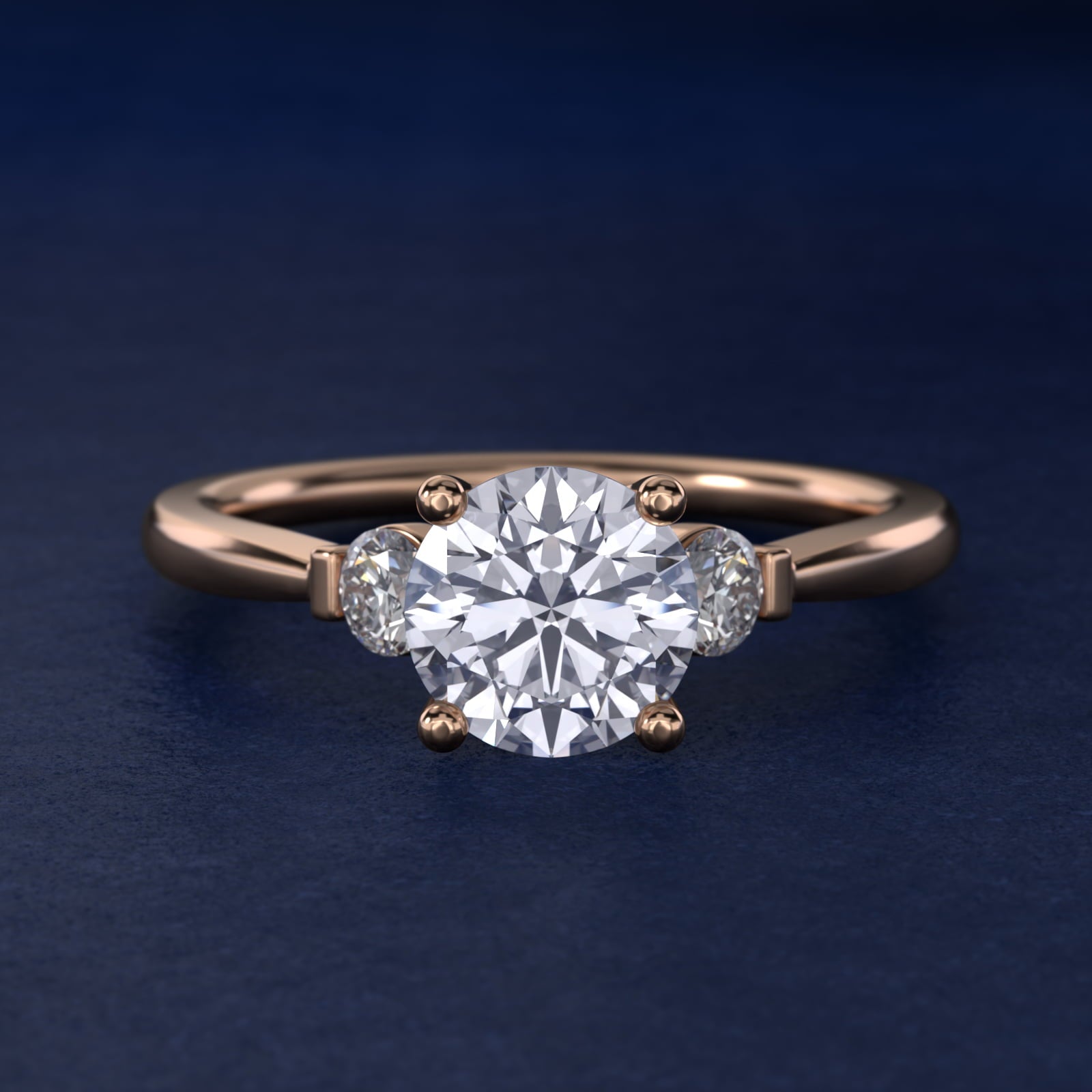 Petite Three-Stone Diamond Engagement Ring in 18k Rose Gold - Round Center