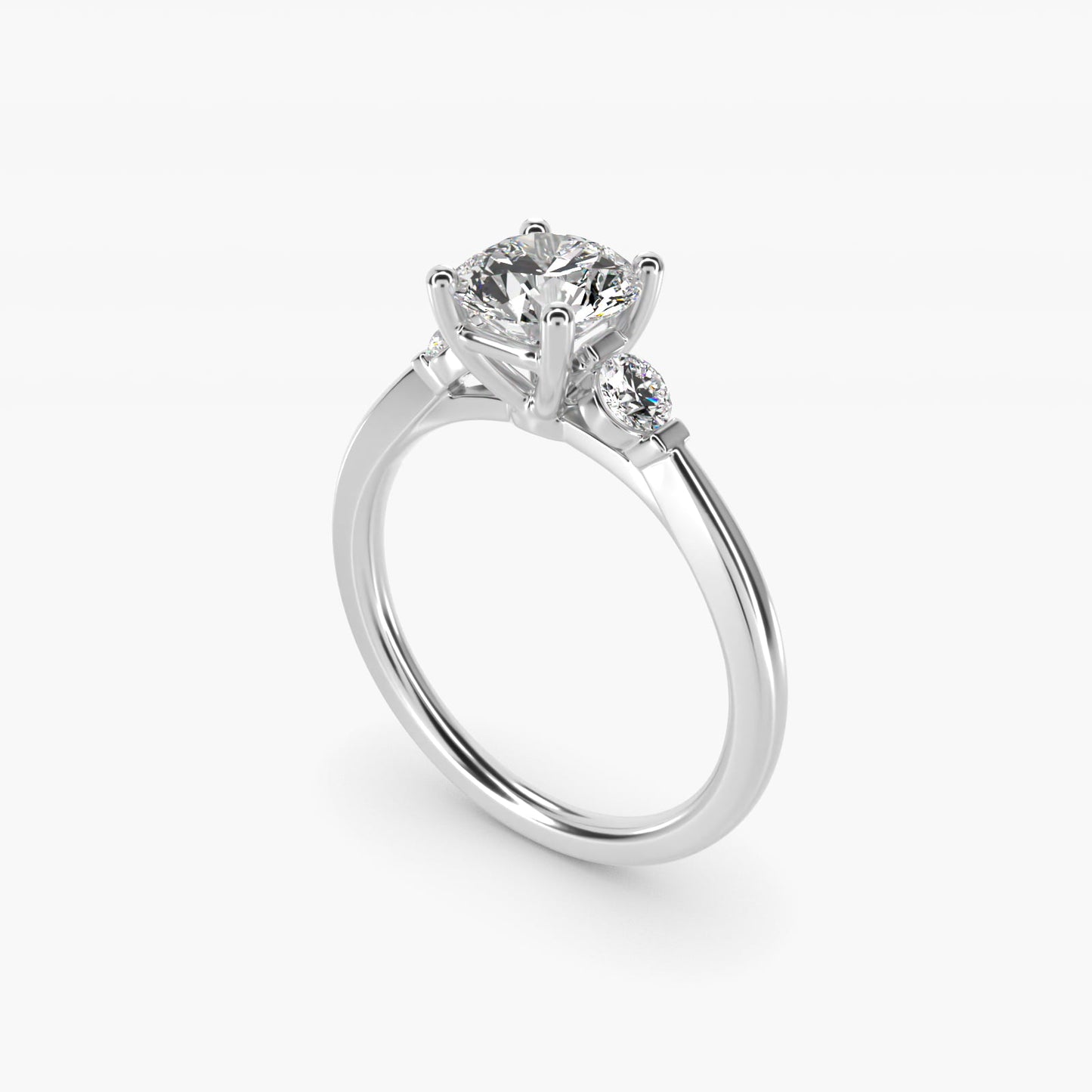 Petite Three-Stone Diamond Engagement Ring in 18k White Gold - Round Center