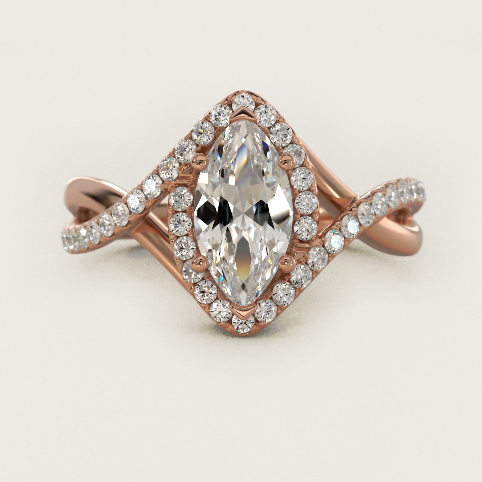 Petite Twisted Halo Diamond Engagement Ring in 18k Rose Gold (1/4 ct. tw.) - Marquise Center