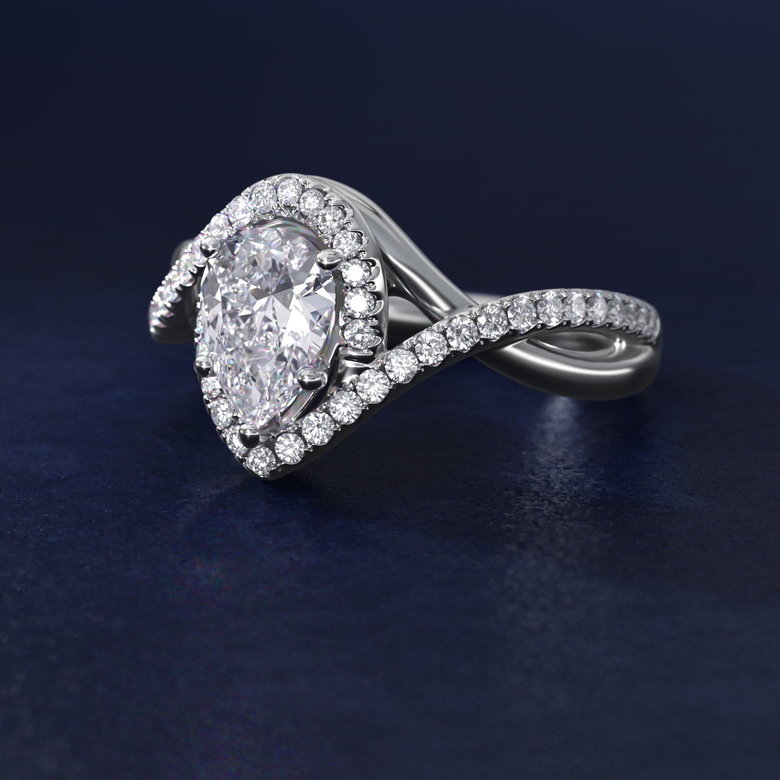 Petite Twisted Halo Diamond Engagement Ring in 14k White Gold (1/4 ct. tw.) - Pear Center