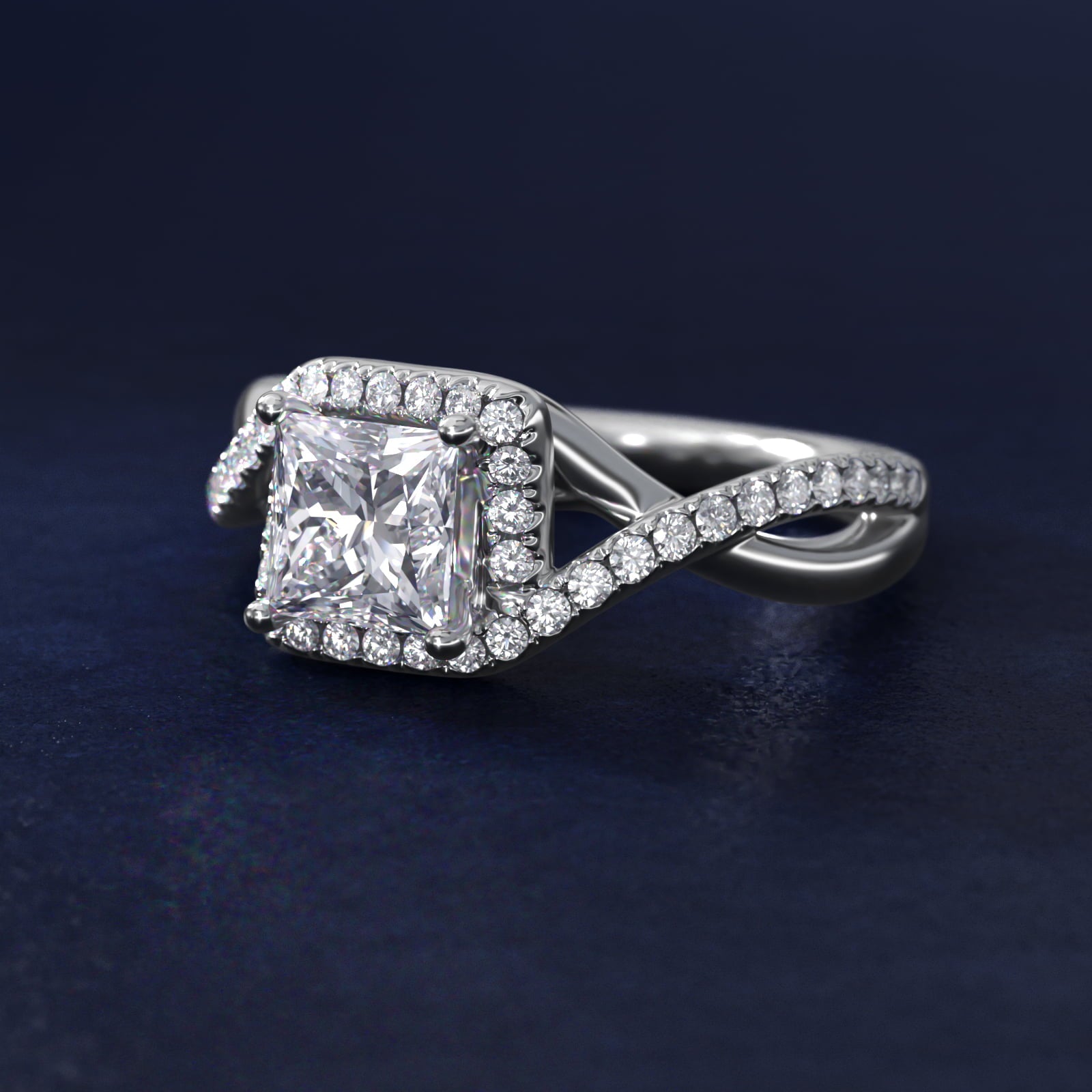 Petite Twisted Halo Diamond Engagement Ring in 18k White Gold (1/4 ct. tw.) - Princess Center