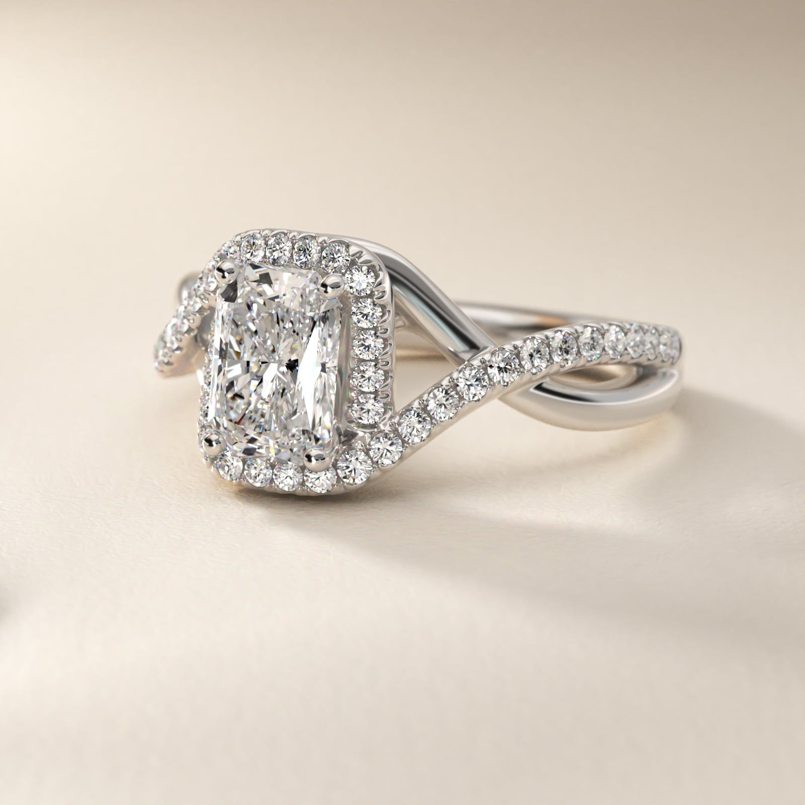 Petite Twisted Halo Diamond Engagement Ring in Platinum (1/4 ct. tw.) - Radiant Center