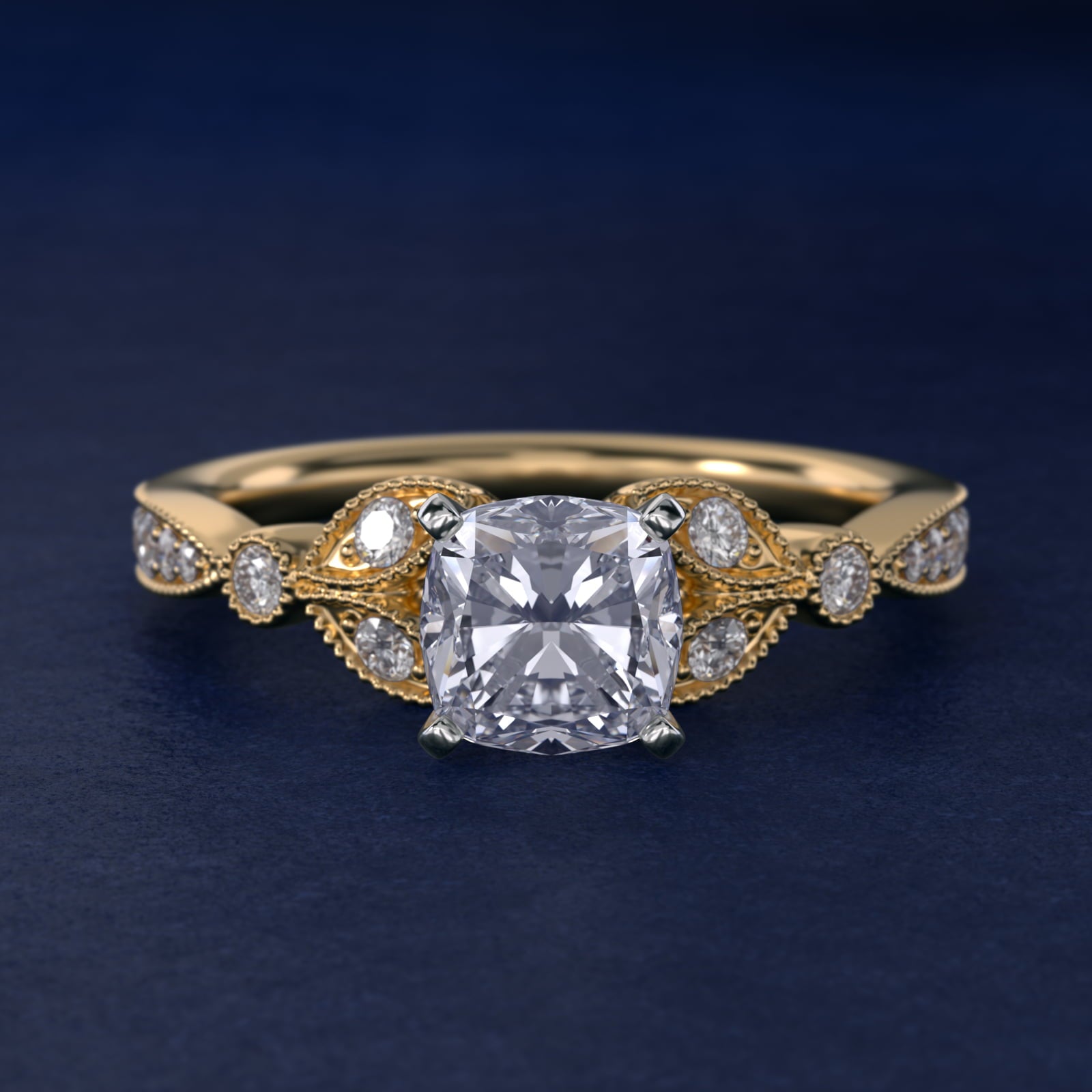 Petite Vintage PavŽ Leaf Diamond Engagement Ring in 14K Yellow Gold (1/5 ct. tw.) - Cushion Center