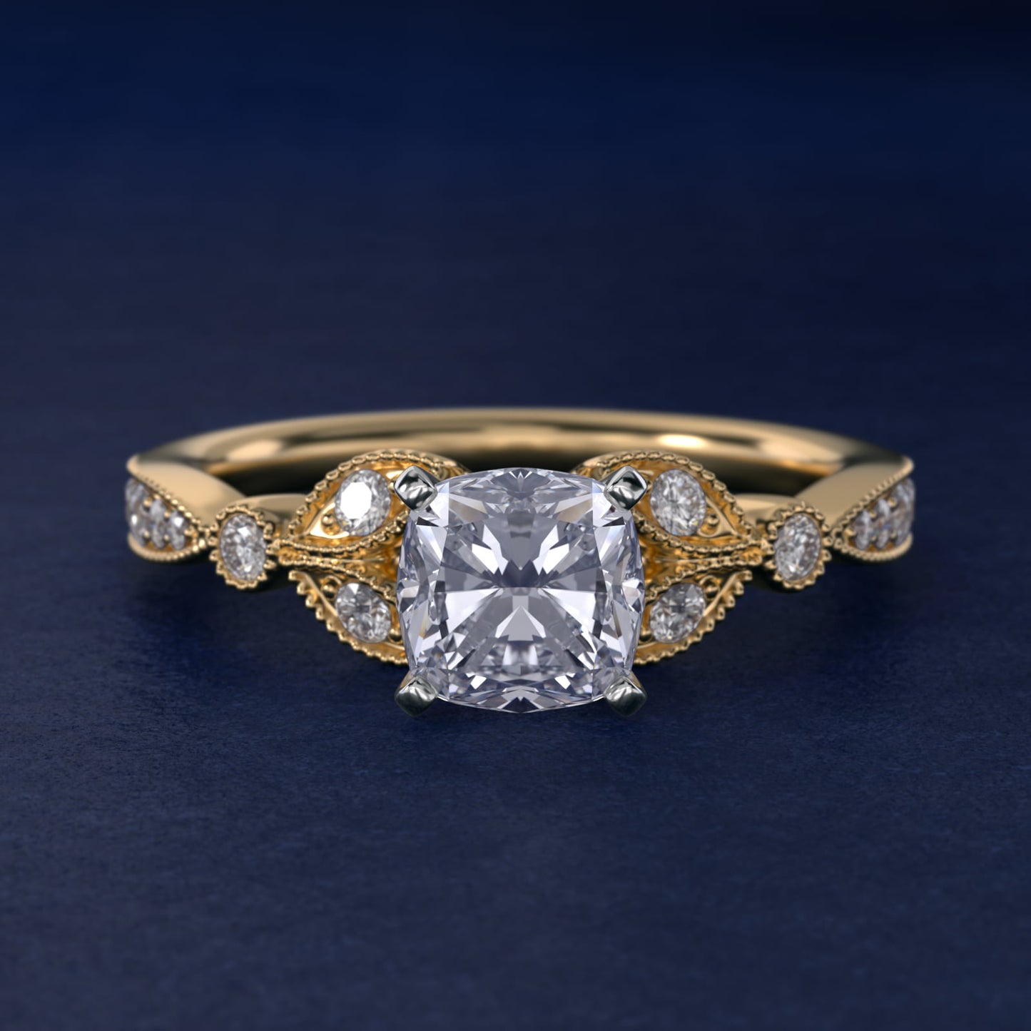 Petite Vintage PavŽ Leaf Diamond Engagement Ring in 18k Yellow Gold (1/5 ct. tw.) - Cushion Center