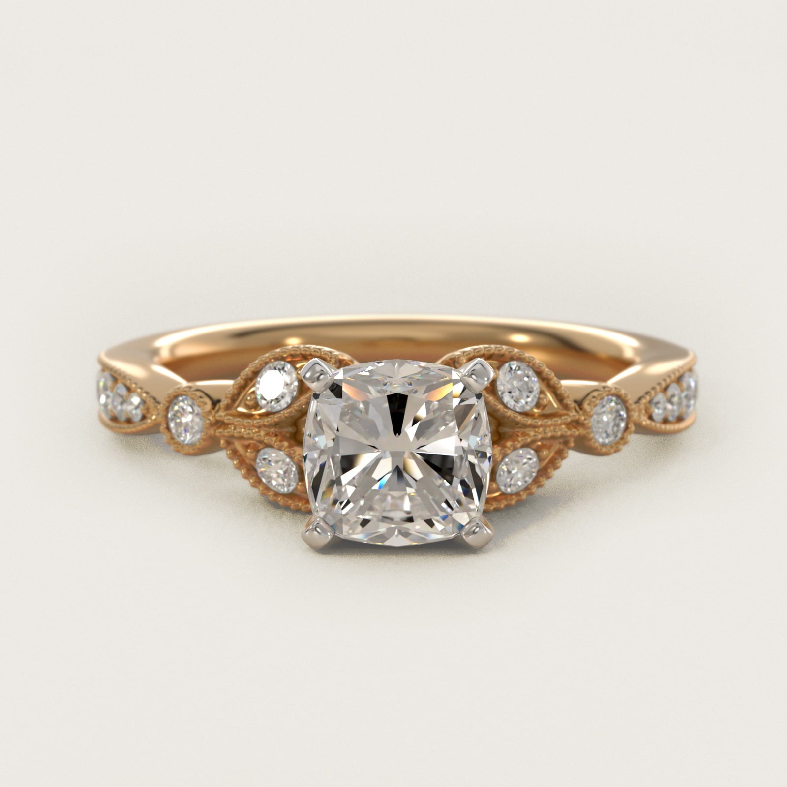 Petite Vintage PavŽ Leaf Diamond Engagement Ring in 14K Yellow Gold (1/5 ct. tw.) - Cushion Center