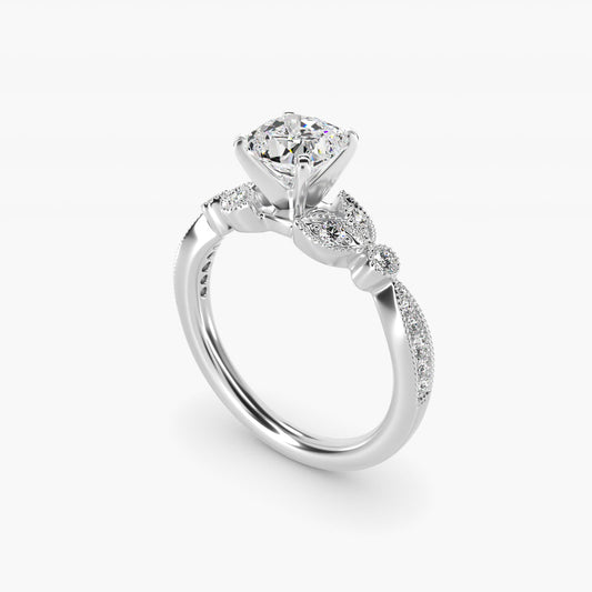 Petite Vintage PavŽ Leaf Diamond Engagement Ring in Platinum (1/5 ct. tw.) - Cushion Center