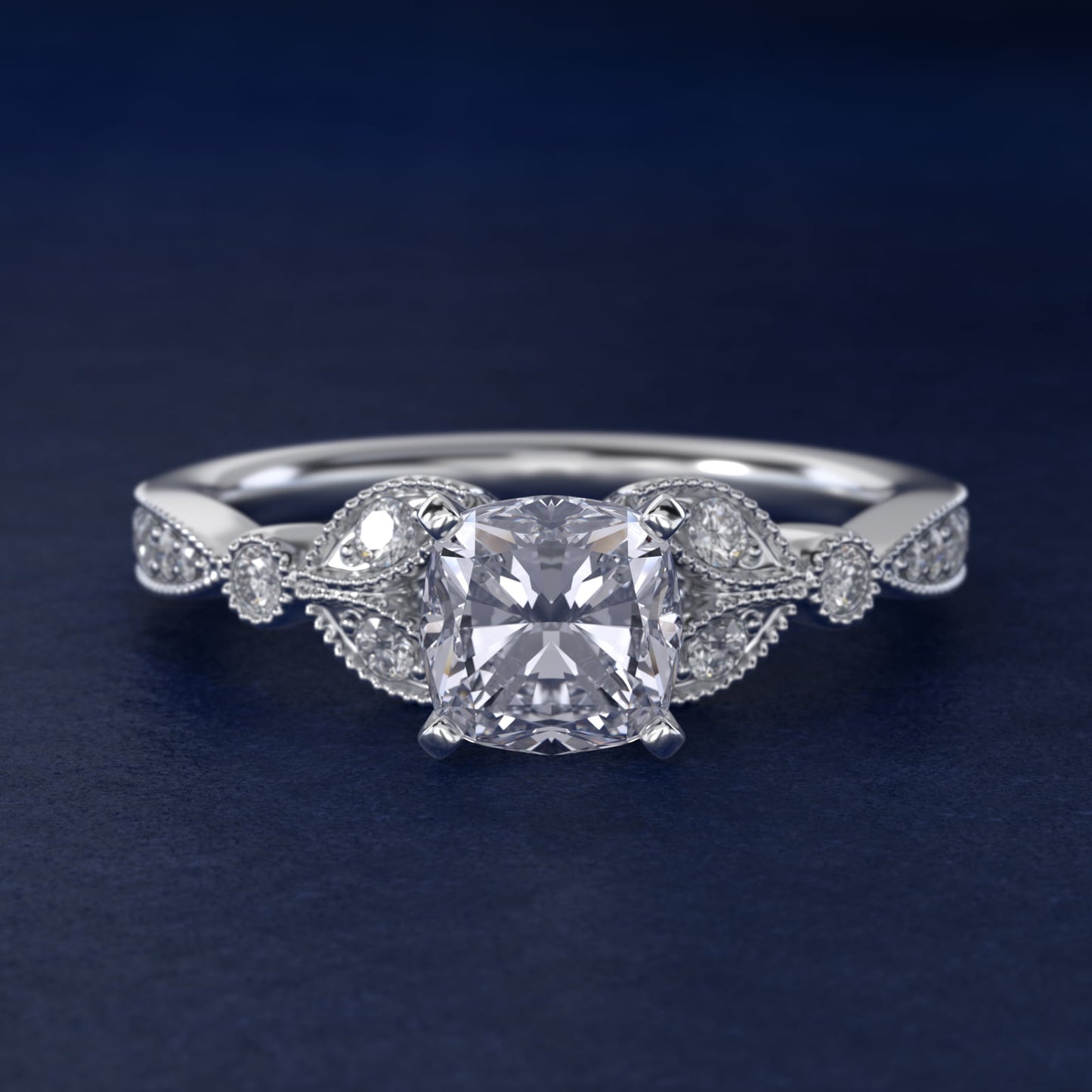 Petite Vintage PavŽ Leaf Diamond Engagement Ring in Platinum (1/5 ct. tw.) - Cushion Center