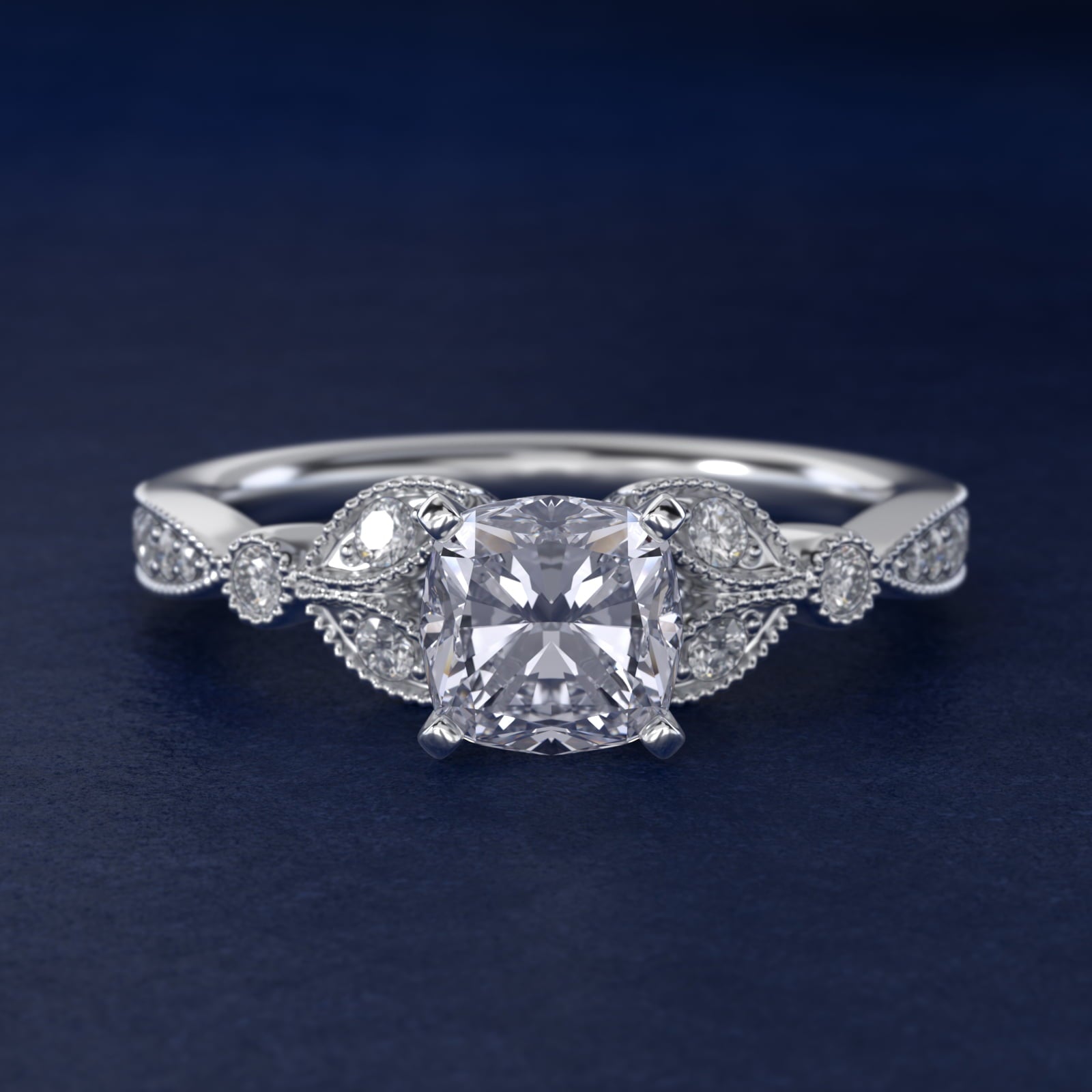 Petite Vintage PavŽ Leaf Diamond Engagement Ring in Platinum (1/5 ct. tw.) - Cushion Center