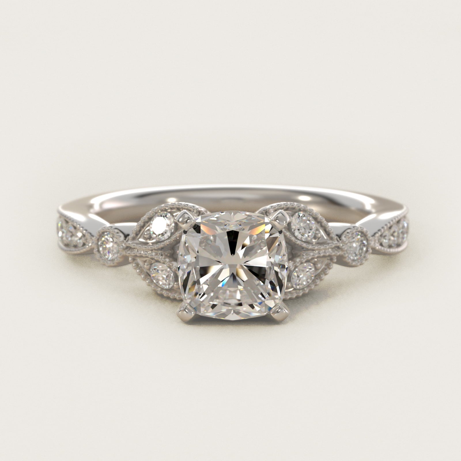Petite Vintage PavŽ Leaf Diamond Engagement Ring in Platinum (1/5 ct. tw.) - Cushion Center
