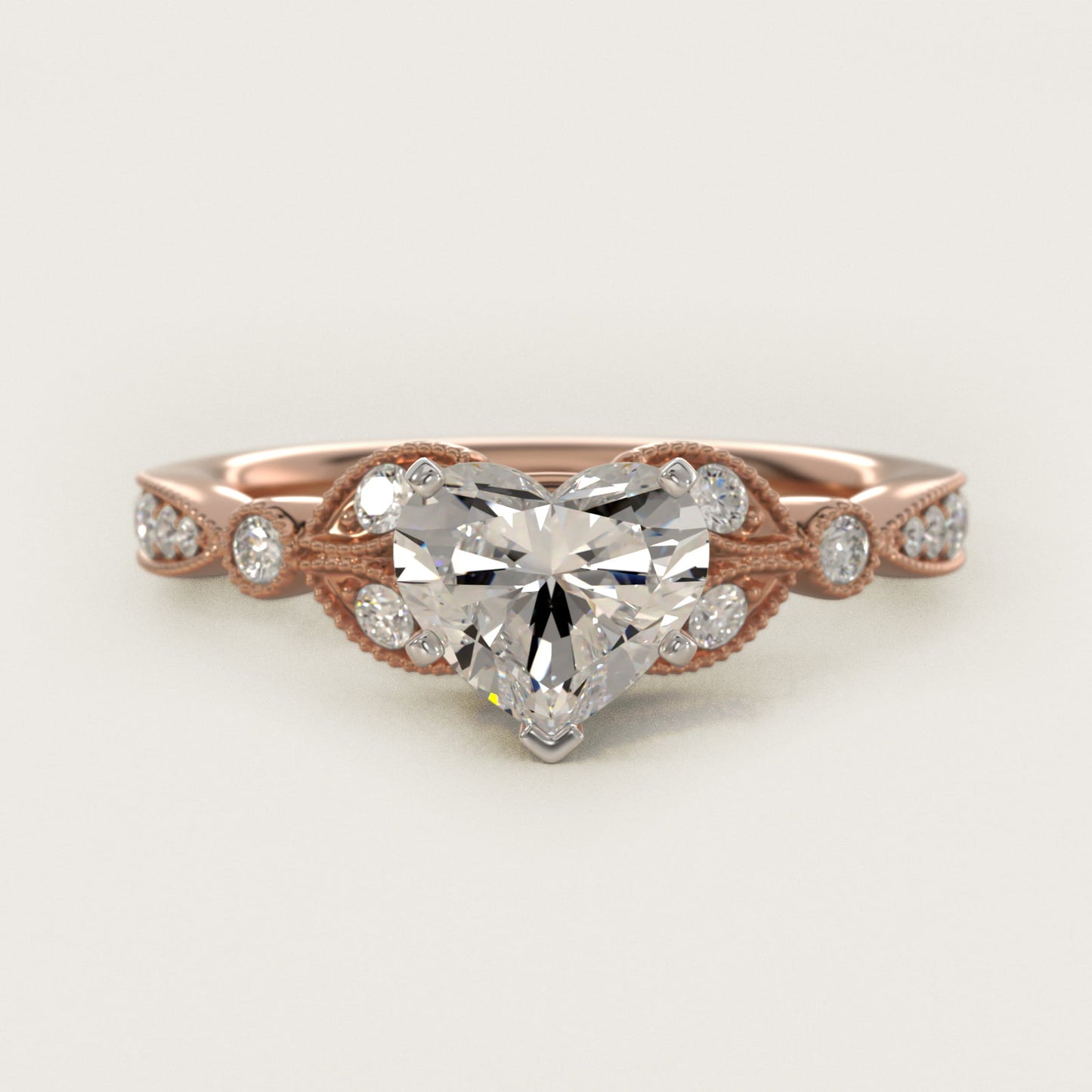 Petite Vintage PavŽ Leaf Diamond Engagement Ring in 14k Rose Gold (1/5 ct. tw.) - Heart Center