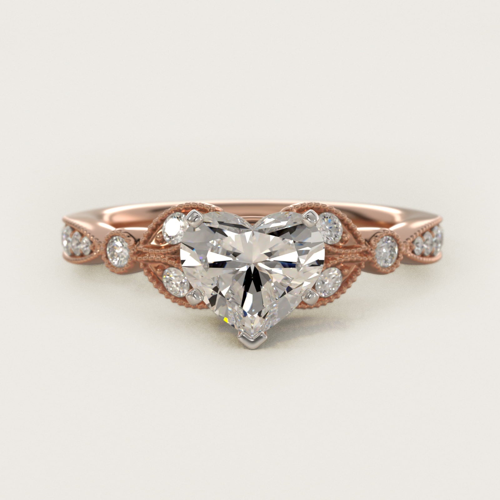 Petite Vintage PavŽ Leaf Diamond Engagement Ring in 18k Rose Gold (1/5 ct. tw.) - Heart Center