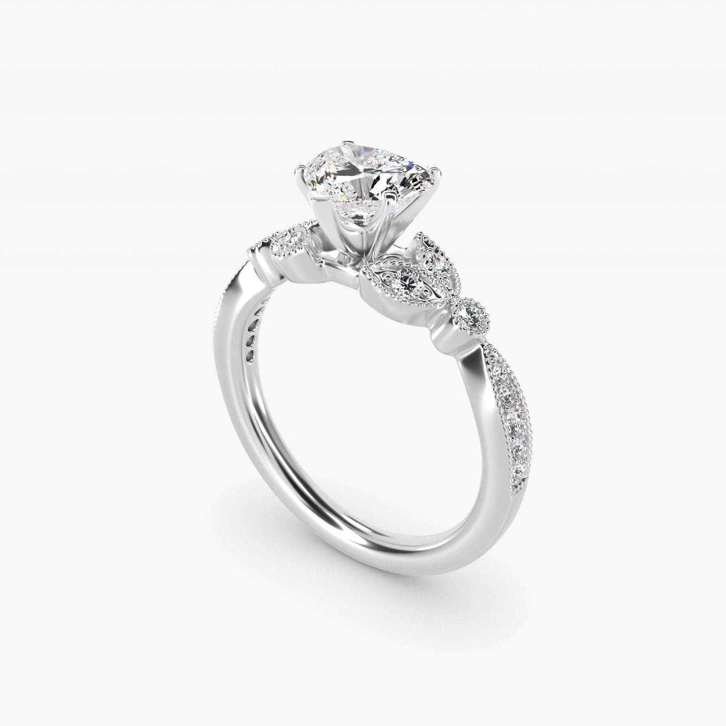 Petite Vintage PavŽ Leaf Diamond Engagement Ring in 18k White Gold (1/5 ct. tw.) - Heart Center