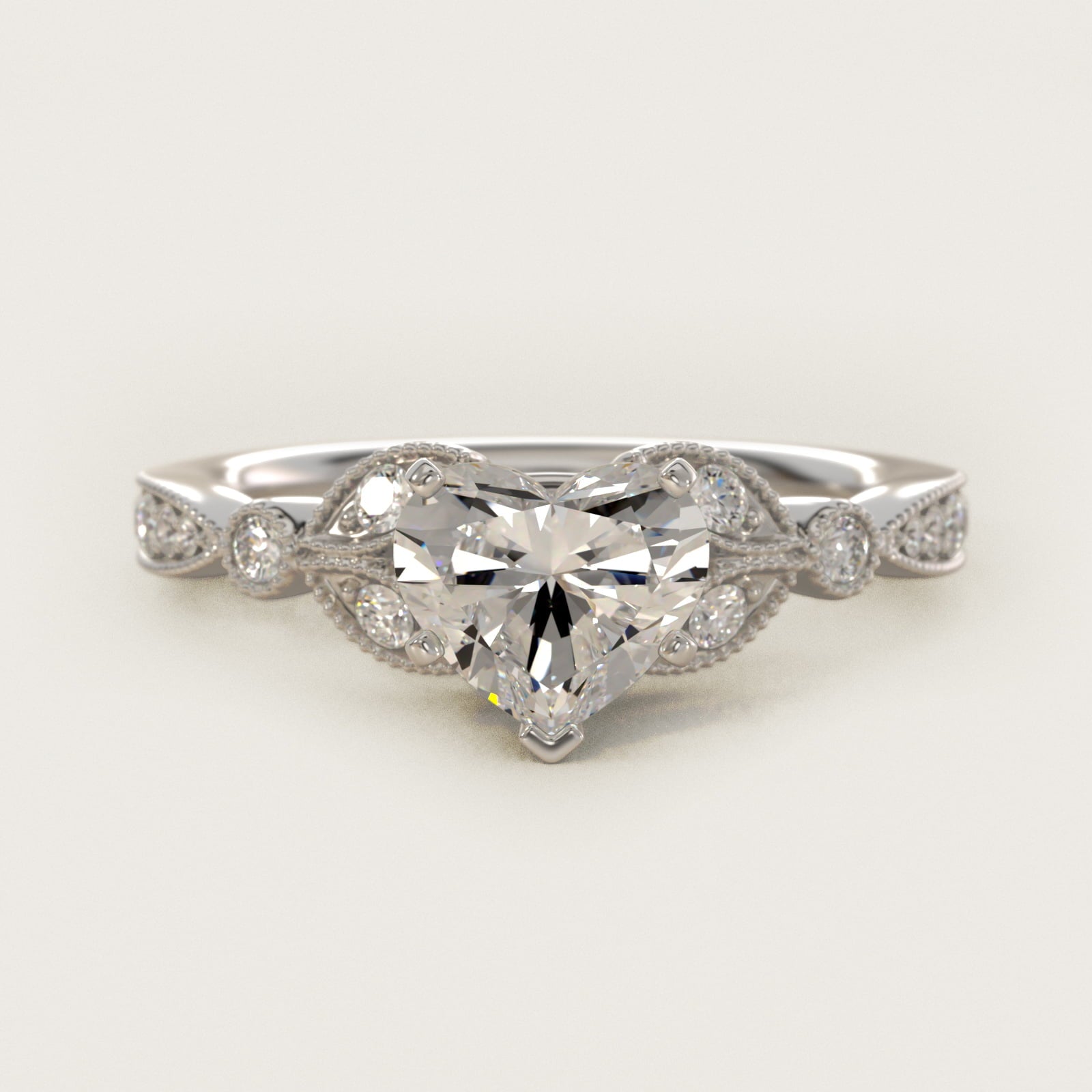 Petite Vintage PavŽ Leaf Diamond Engagement Ring in 14k White Gold (1/5 ct. tw.) - Heart Center