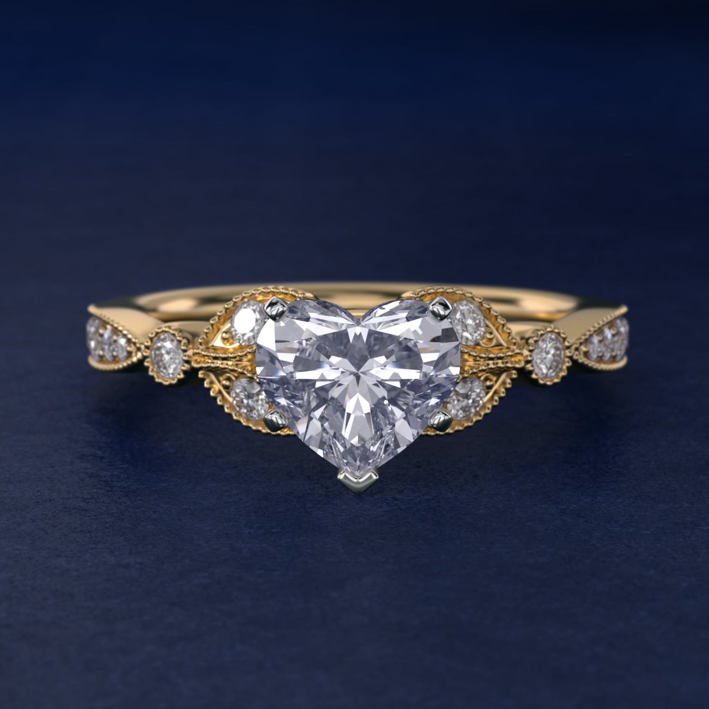 Petite Vintage PavŽ Leaf Diamond Engagement Ring in 14K Yellow Gold (1/5 ct. tw.) - Heart Center