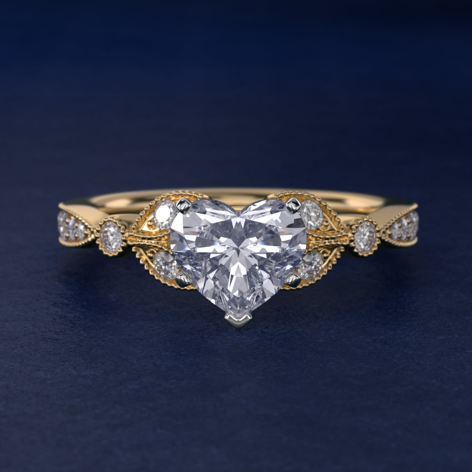 Petite Vintage PavŽ Leaf Diamond Engagement Ring in 14K Yellow Gold (1/5 ct. tw.) - Heart Center