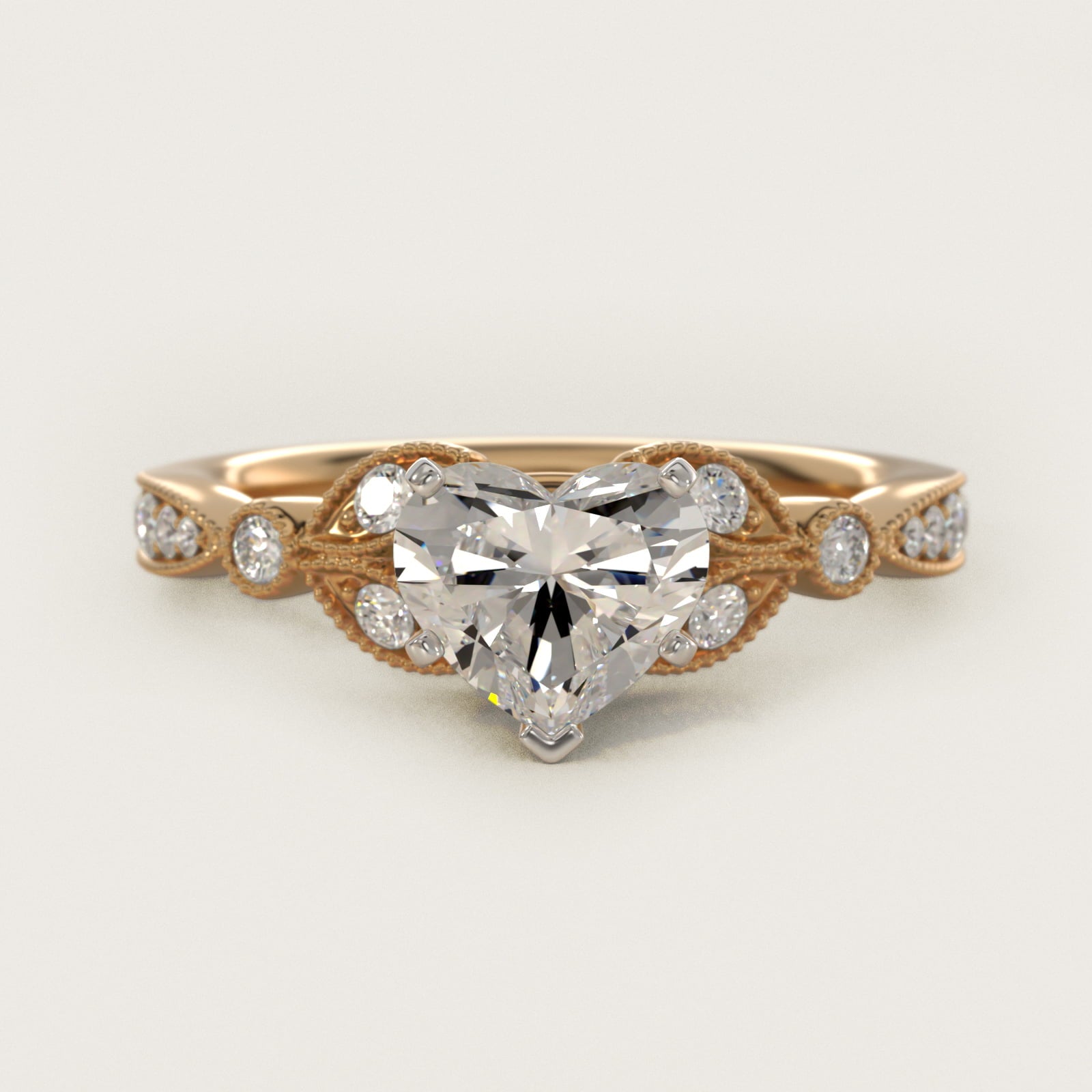 Petite Vintage PavŽ Leaf Diamond Engagement Ring in 14K Yellow Gold (1/5 ct. tw.) - Heart Center
