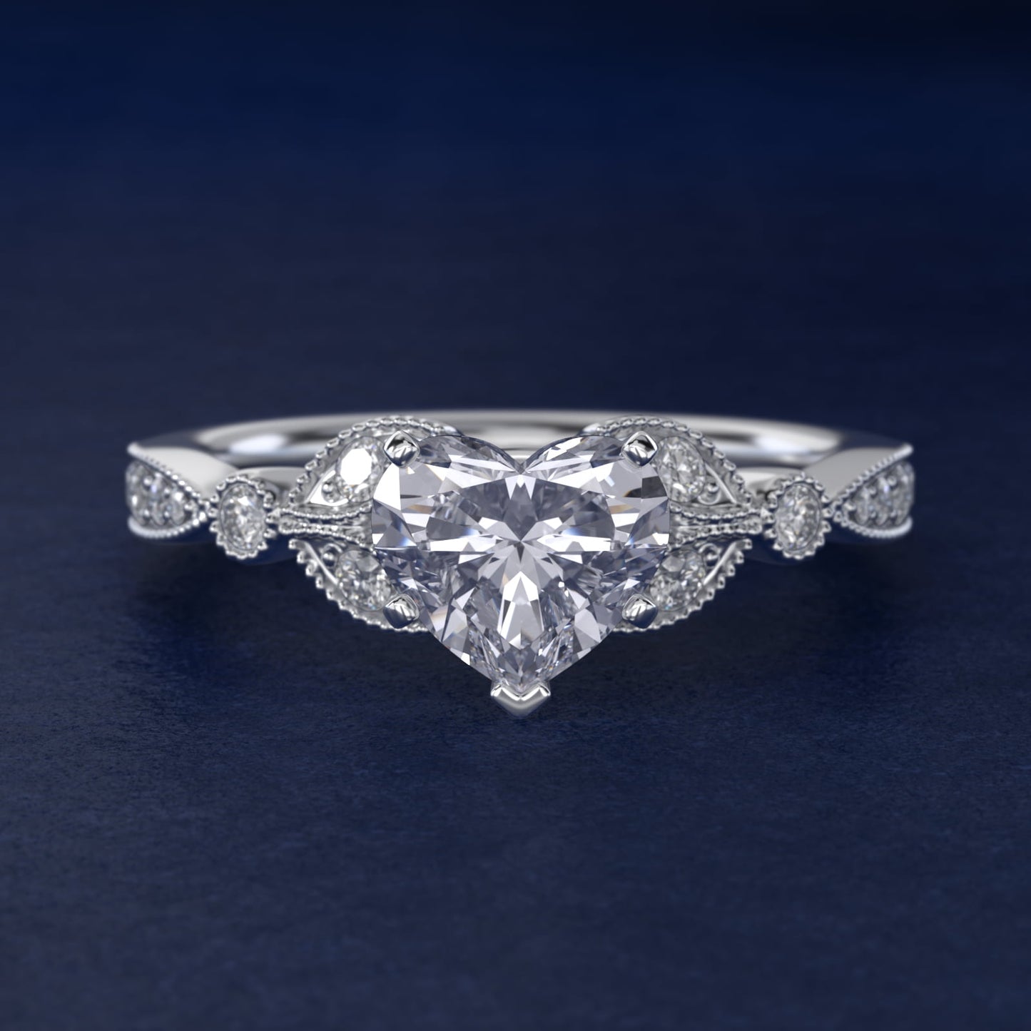 Petite Vintage PavŽ Leaf Diamond Engagement Ring in Platinum (1/5 ct. tw.) - Heart Center