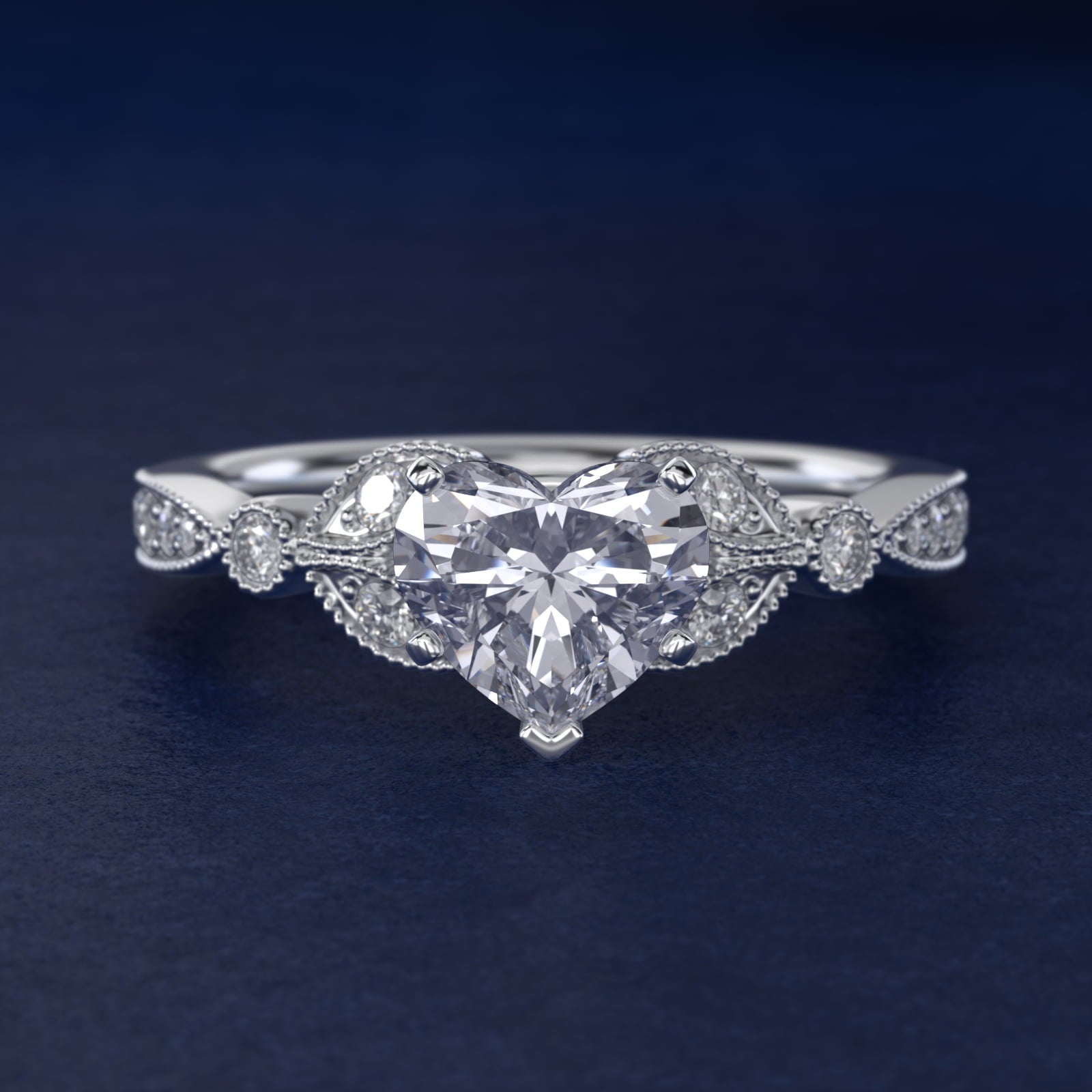 Petite Vintage PavŽ Leaf Diamond Engagement Ring in Platinum (1/5 ct. tw.) - Heart Center