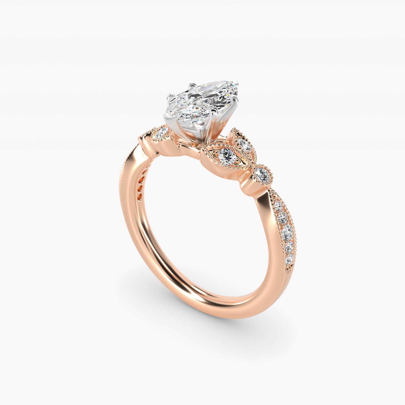 Petite Vintage PavŽ Leaf Diamond Engagement Ring in 14k Rose Gold (1/5 ct. tw.) - Marquise Center
