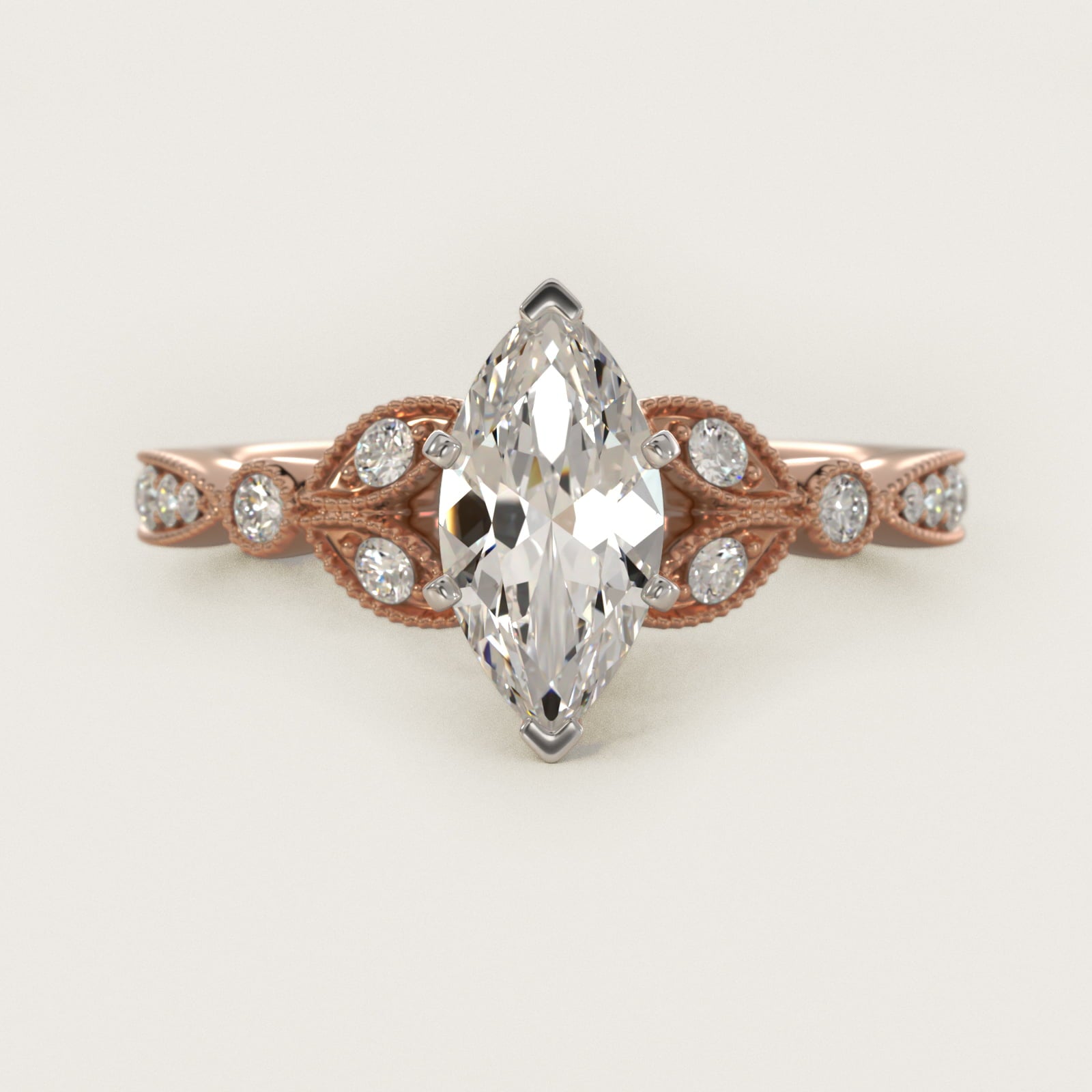 Petite Vintage PavŽ Leaf Diamond Engagement Ring in 14k Rose Gold (1/5 ct. tw.) - Marquise Center