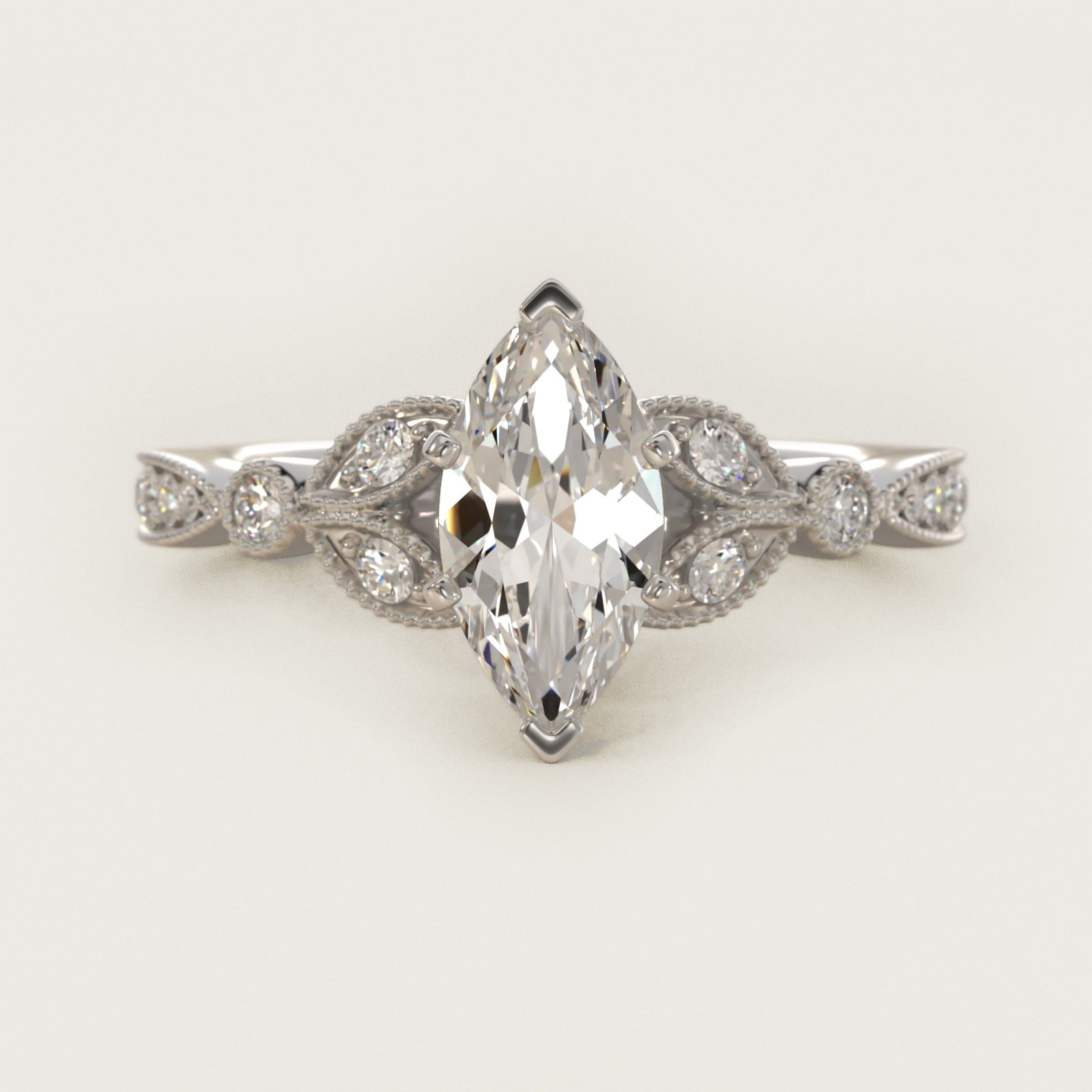 Petite Vintage PavŽ Leaf Diamond Engagement Ring in 14k White Gold (1/5 ct. tw.) - Marquise Center