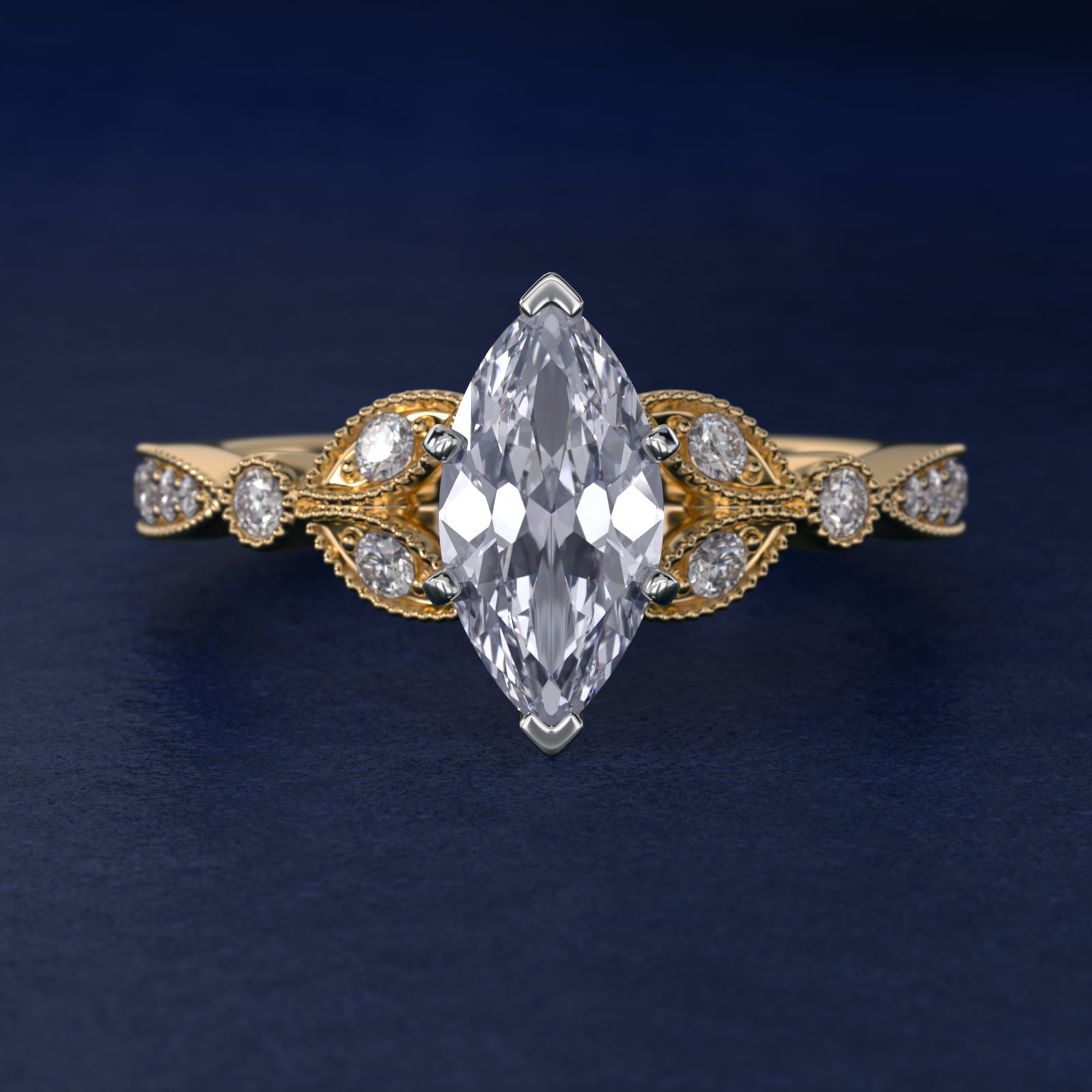 Petite Vintage PavŽ Leaf Diamond Engagement Ring in 14K Yellow Gold (1/5 ct. tw.) - Marquise Center
