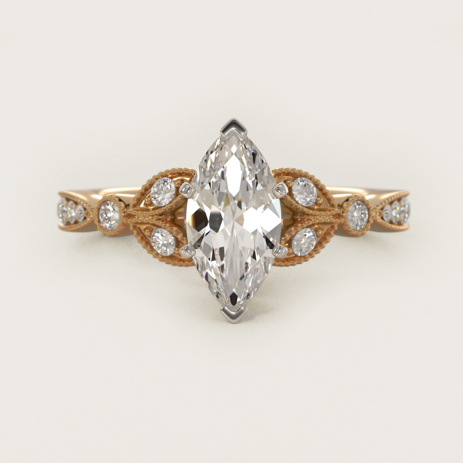 Petite Vintage PavŽ Leaf Diamond Engagement Ring in 14K Yellow Gold (1/5 ct. tw.) - Marquise Center