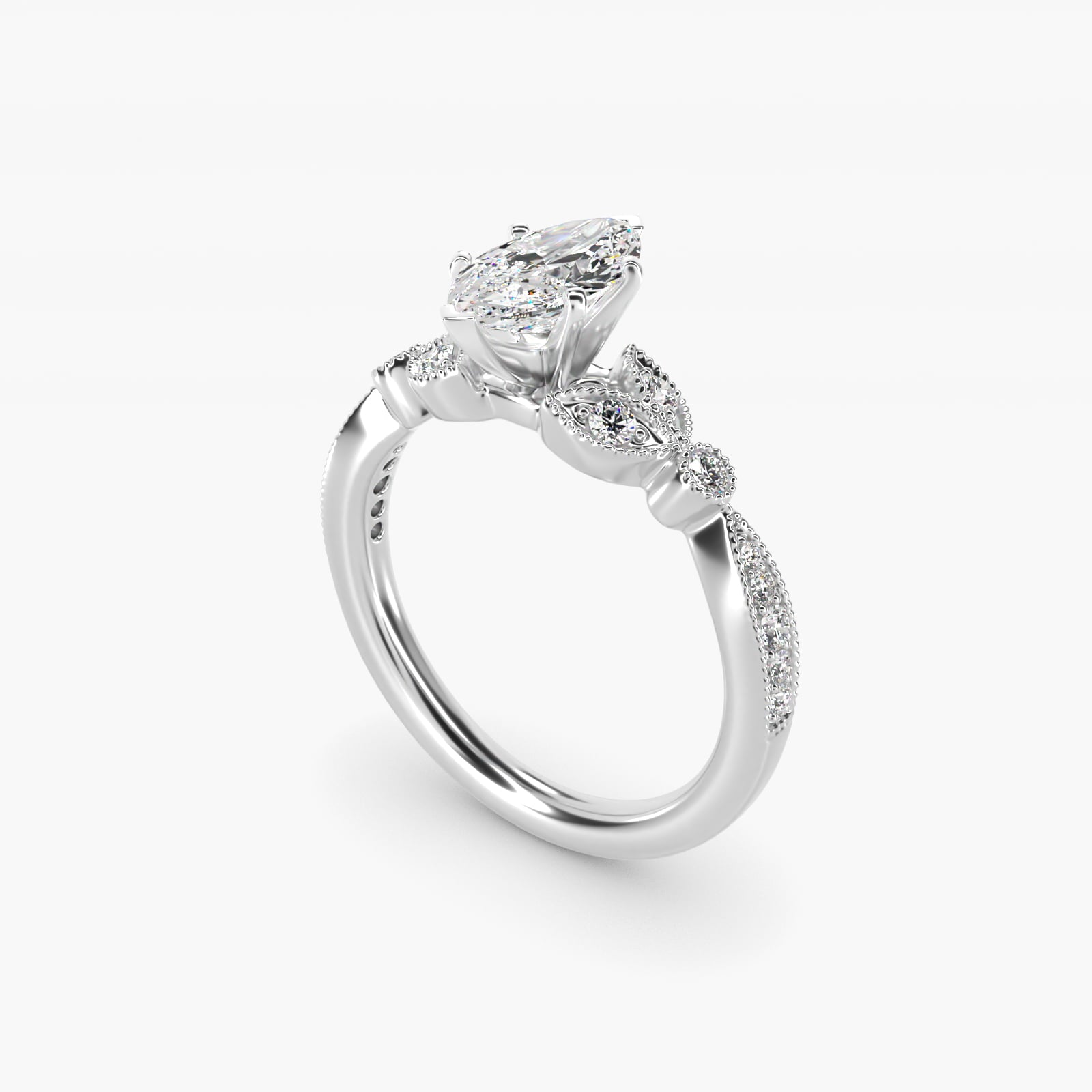 Petite Vintage PavŽ Leaf Diamond Engagement Ring in Platinum (1/5 ct. tw.) - Marquise Center