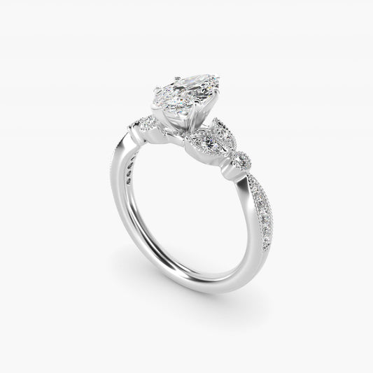 Petite Vintage PavŽ Leaf Diamond Engagement Ring in Platinum (1/5 ct. tw.) - Marquise Center