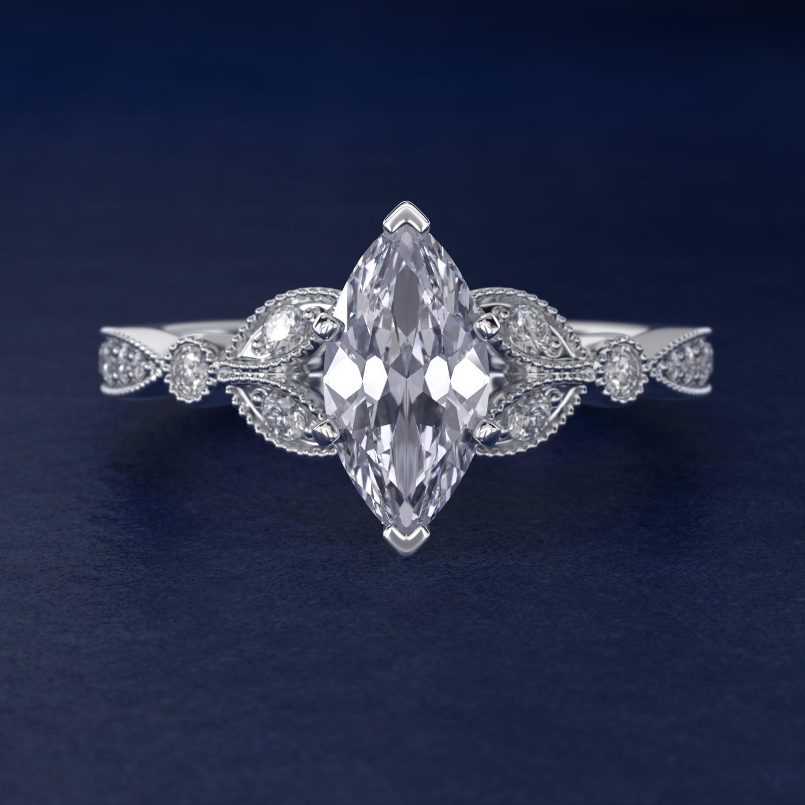 Petite Vintage PavŽ Leaf Diamond Engagement Ring in Platinum (1/5 ct. tw.) - Marquise Center