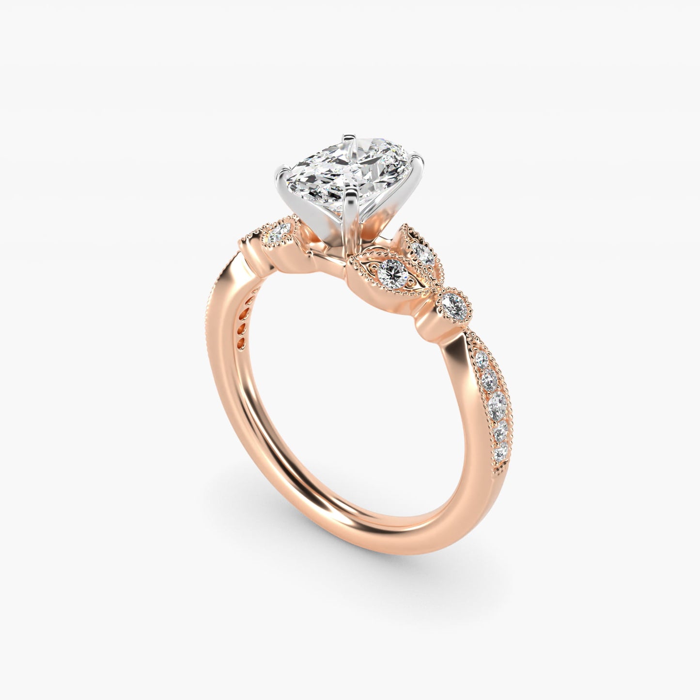 Petite Vintage PavŽ Leaf Diamond Engagement Ring in 14k Rose Gold (1/5 ct. tw.) - Oval Center