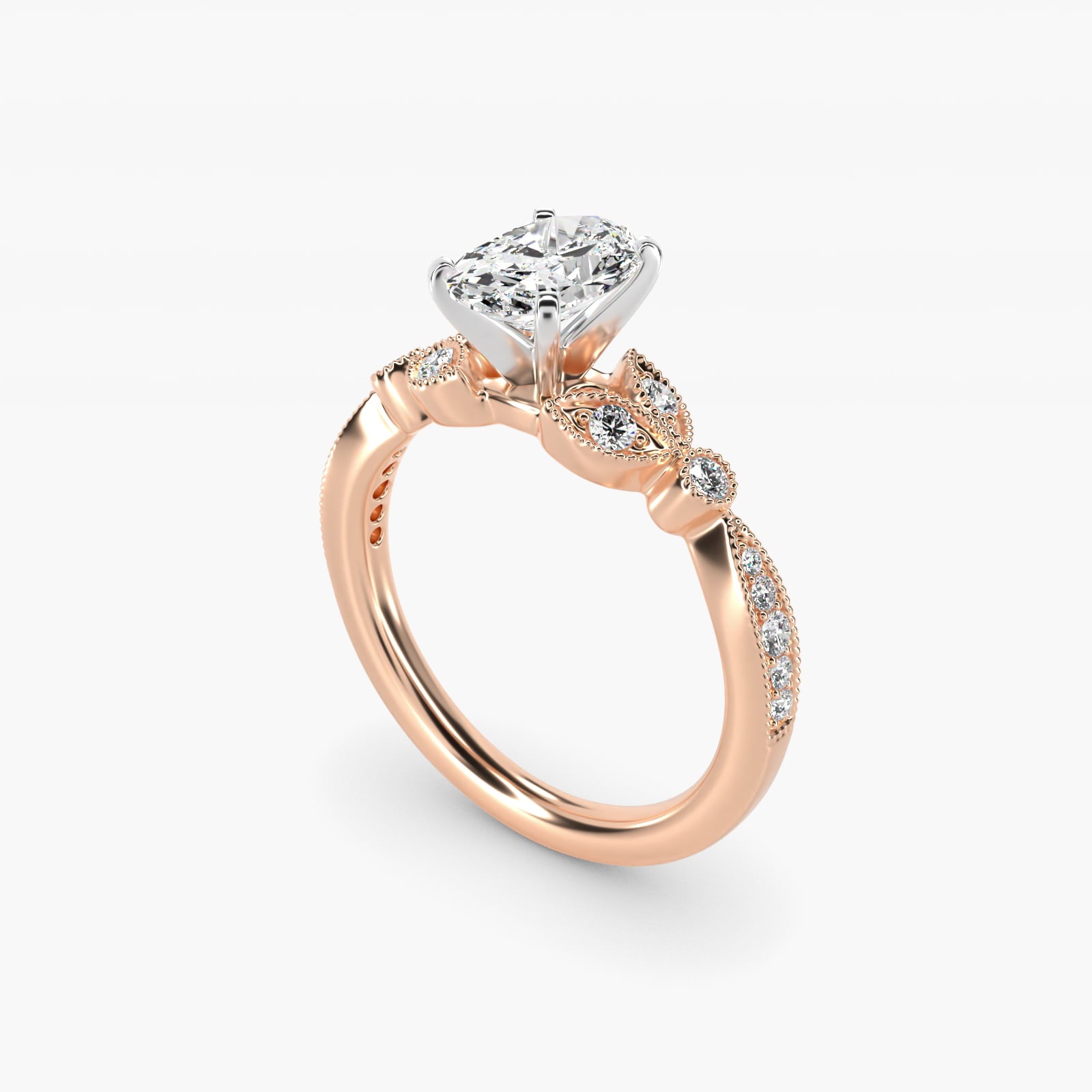 Petite Vintage PavŽ Leaf Diamond Engagement Ring in 14k Rose Gold (1/5 ct. tw.) - Oval Center