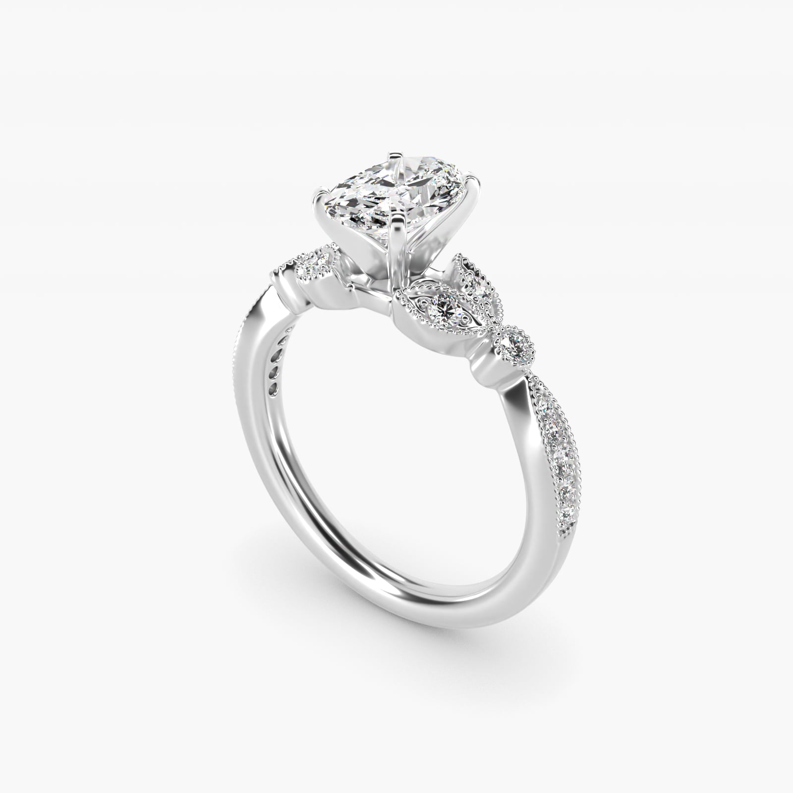 Petite Vintage PavŽ Leaf Diamond Engagement Ring in 14k White Gold (1/5 ct. tw.) - Oval Center