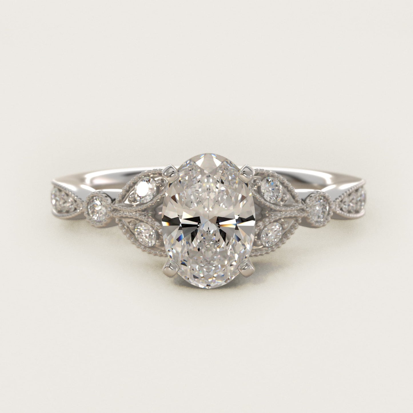 Petite Vintage PavŽ Leaf Diamond Engagement Ring in 14k White Gold (1/5 ct. tw.) - Oval Center
