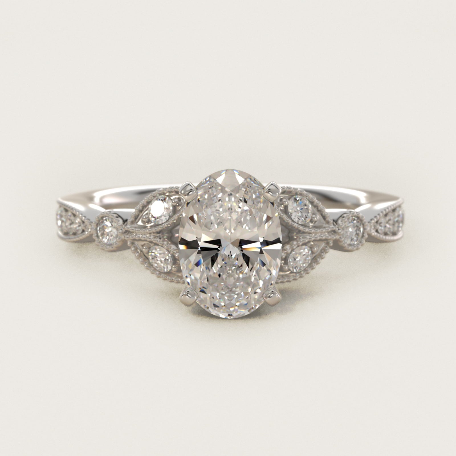Petite Vintage PavŽ Leaf Diamond Engagement Ring in 14k White Gold (1/5 ct. tw.) - Oval Center