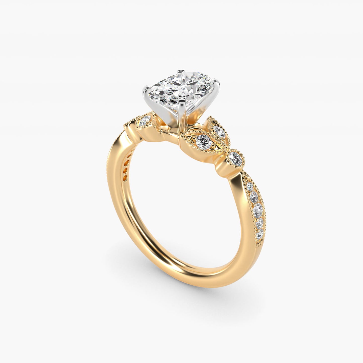 Petite Vintage PavŽ Leaf Diamond Engagement Ring in 14K Yellow Gold (1/5 ct. tw.) - Oval Center